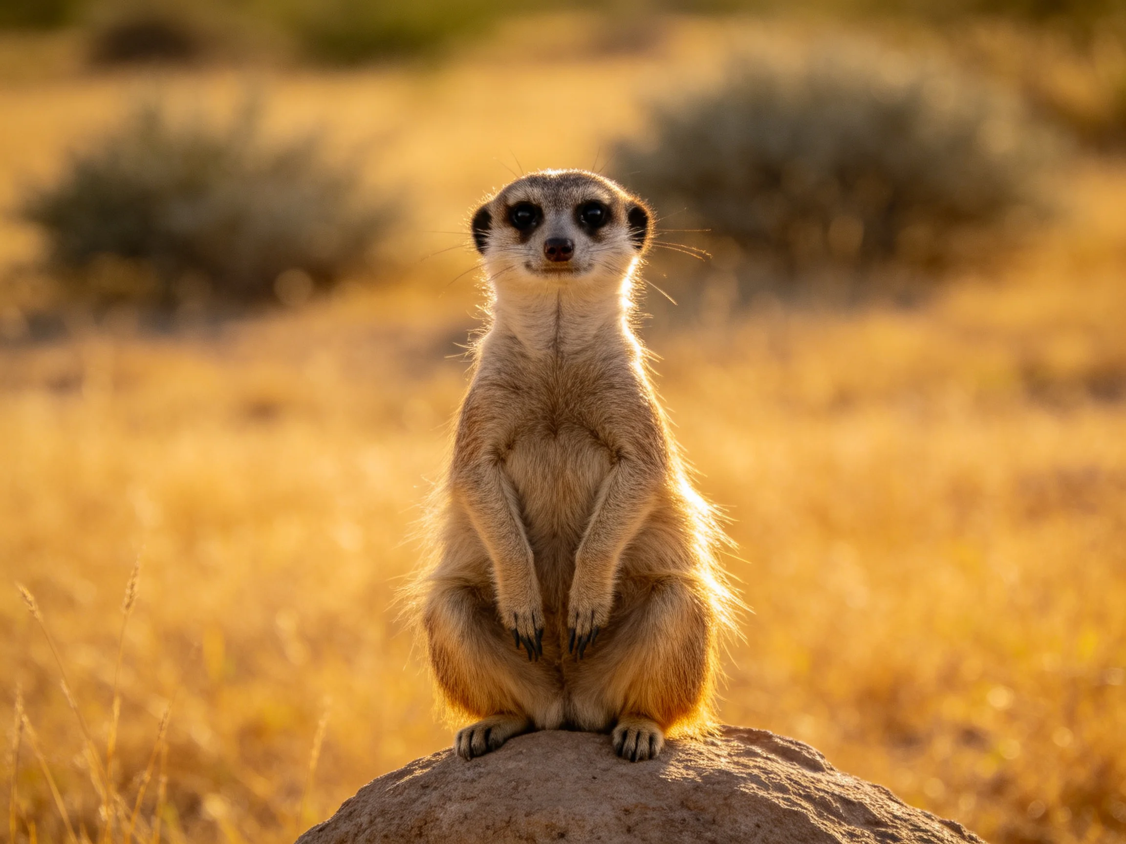 A meerkat sits upright on a rock in golden savannah