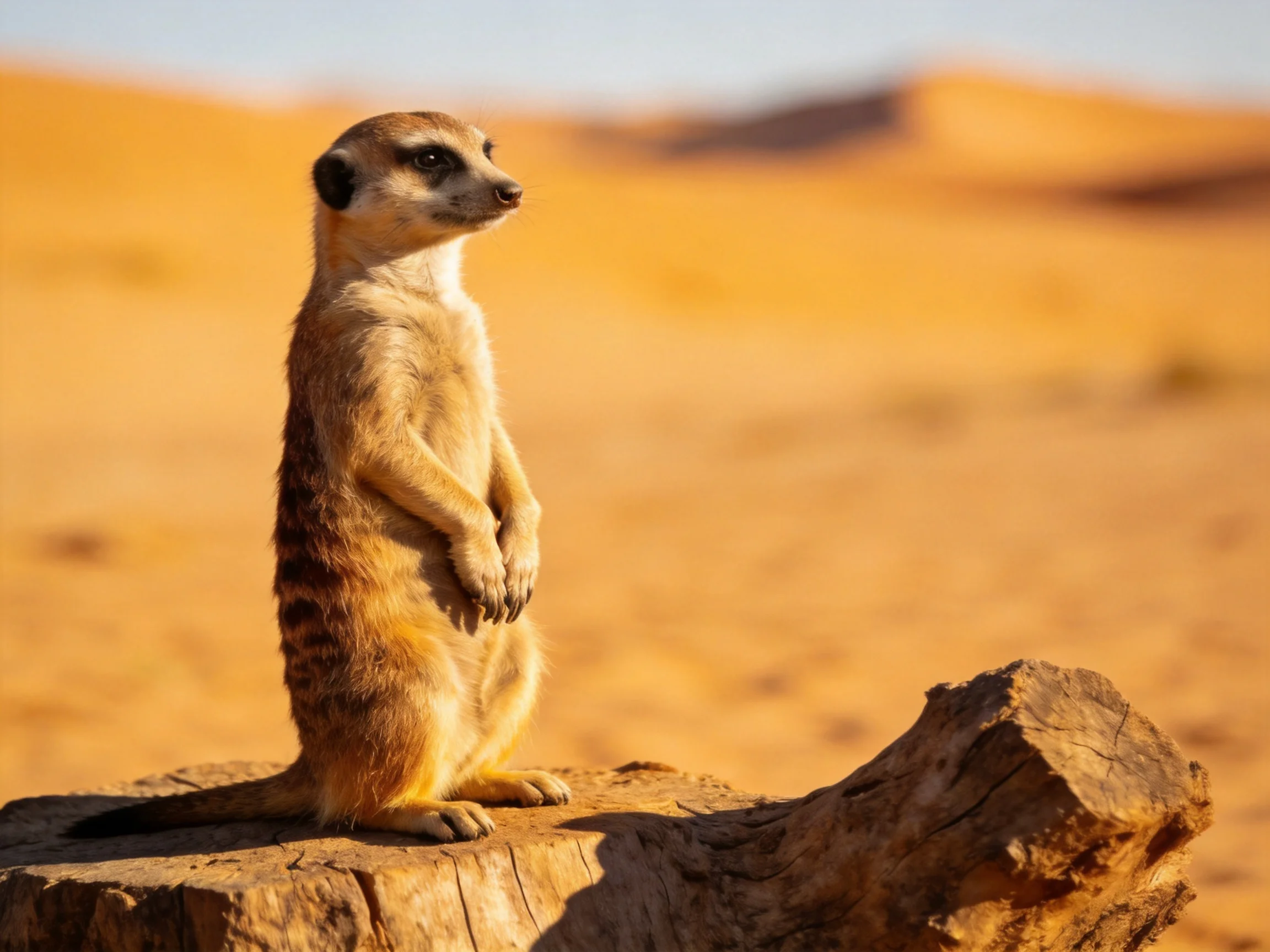 A meerkat stands alert on a weathered wooden stump in golden desert terrain.