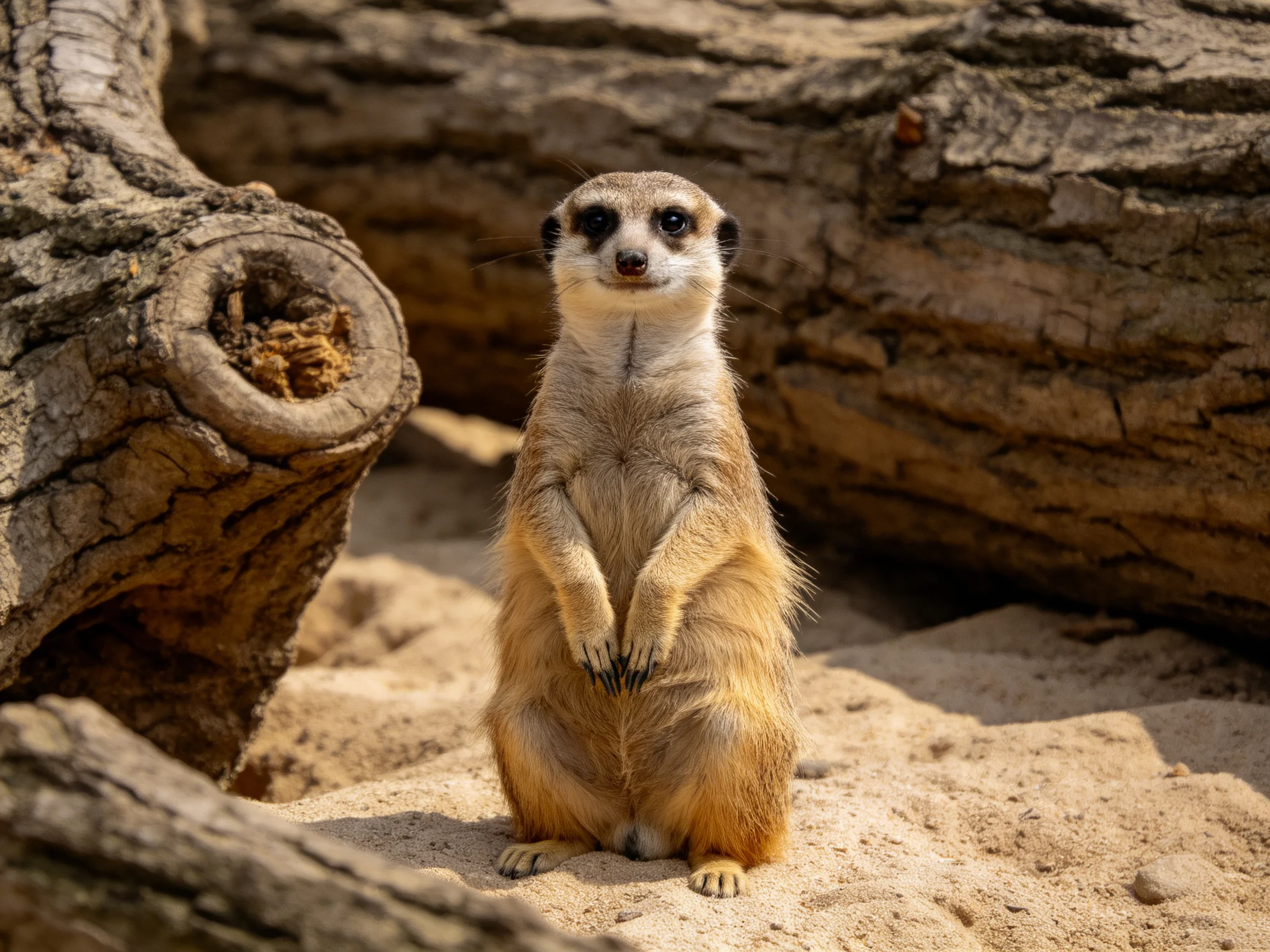 A meerkat stands near large, weathered tree trunks on sandy ground