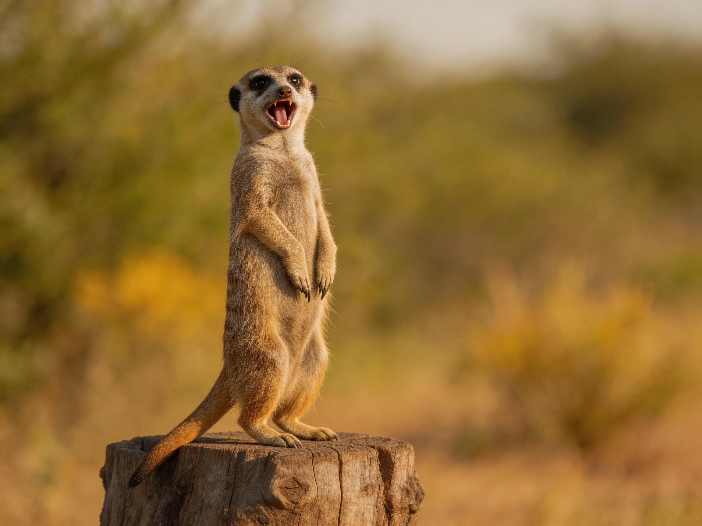 A meerkat stands upright on a weathered wooden stump in golden light