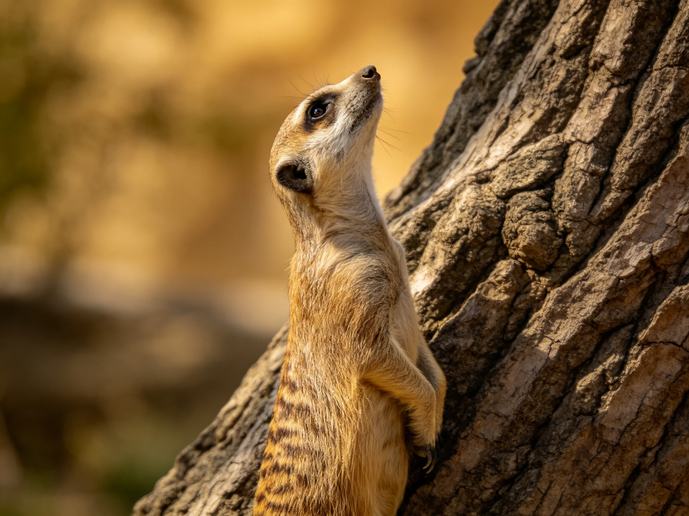 A meerkat stands vigilantly next to a textured tree trunk under warm light