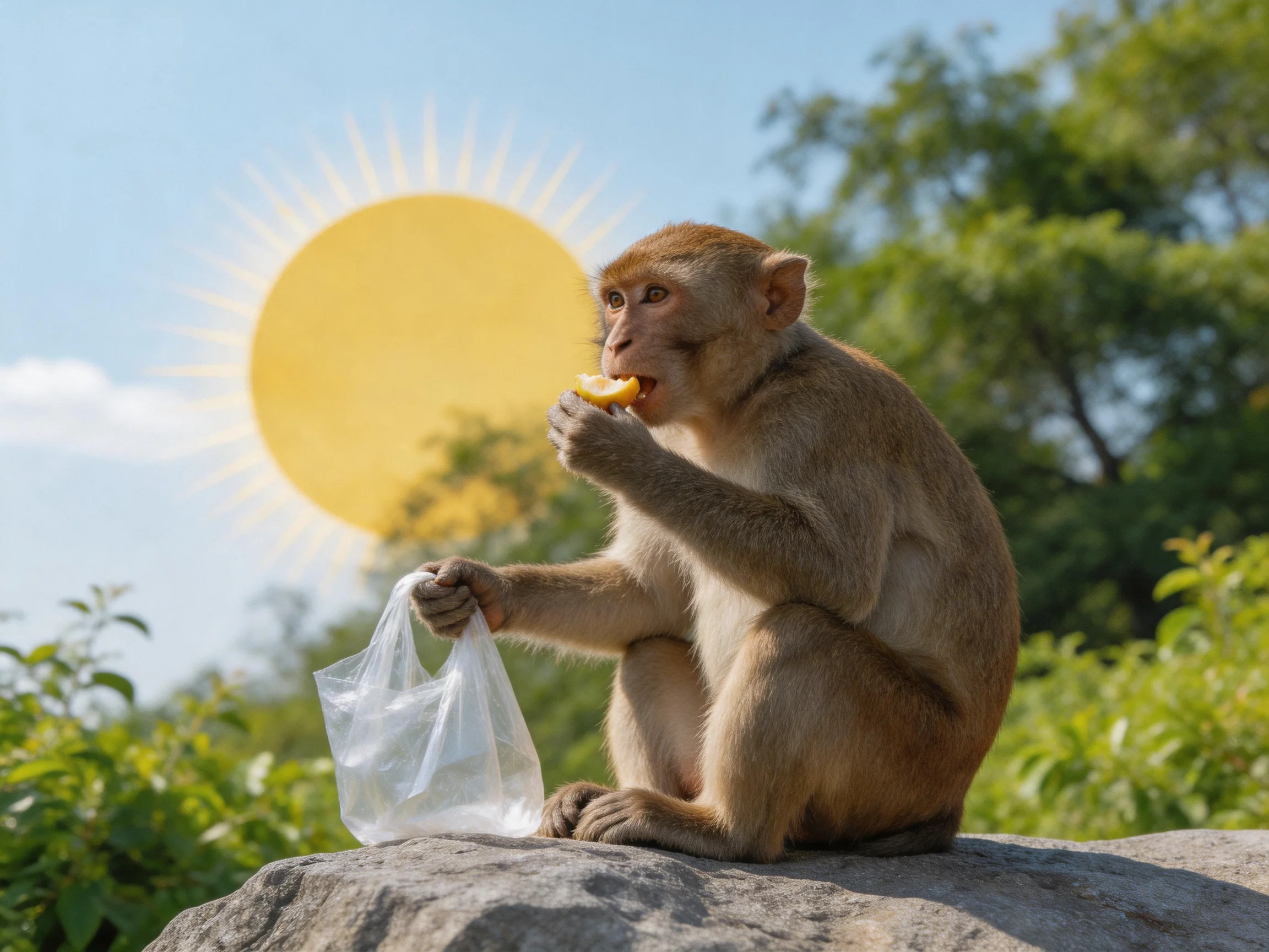 A monkey eating fruit with plastic bag under sunny sky