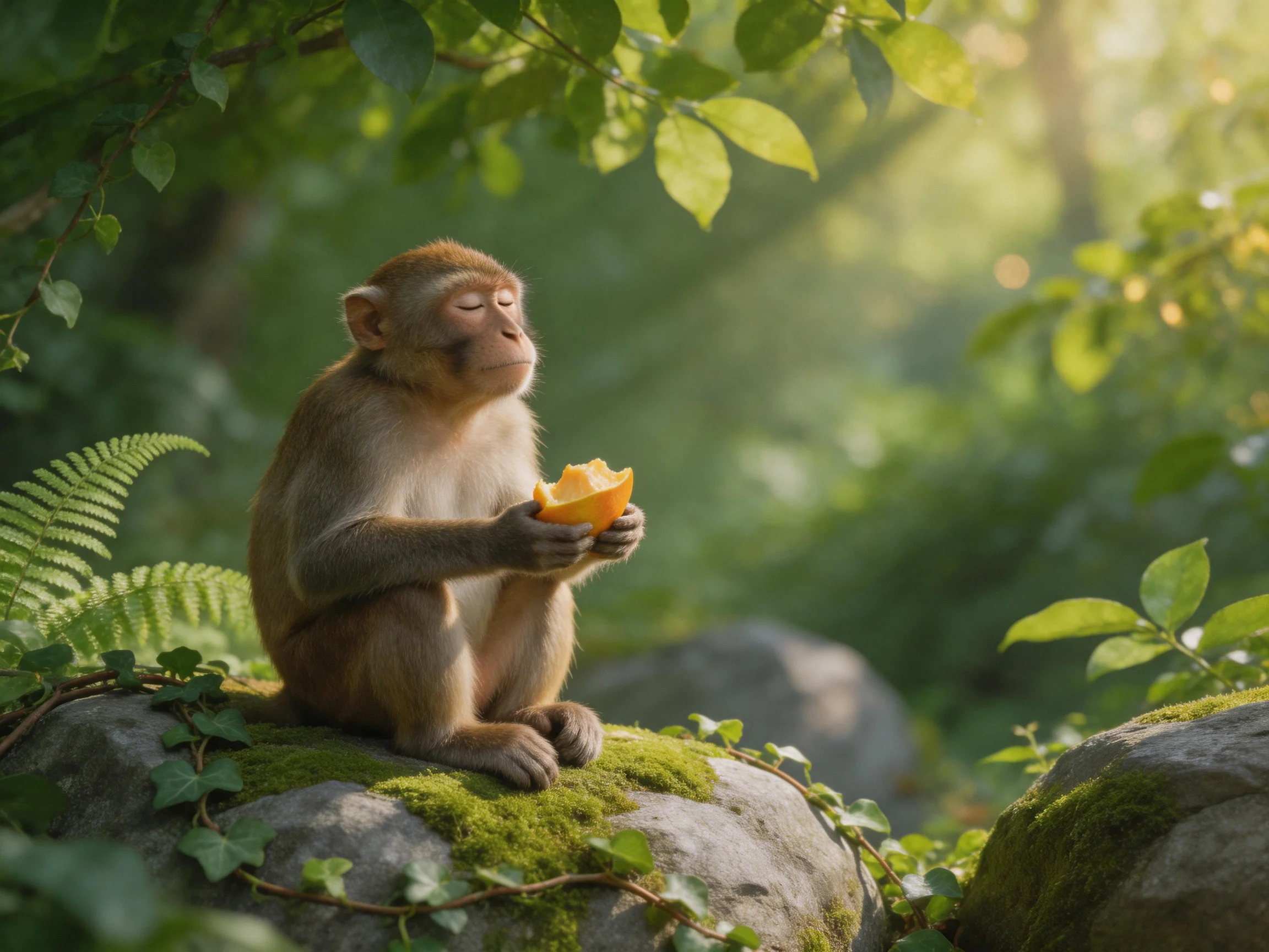 A monkey enjoys an orange on a moss - covered rock in lush greenery
