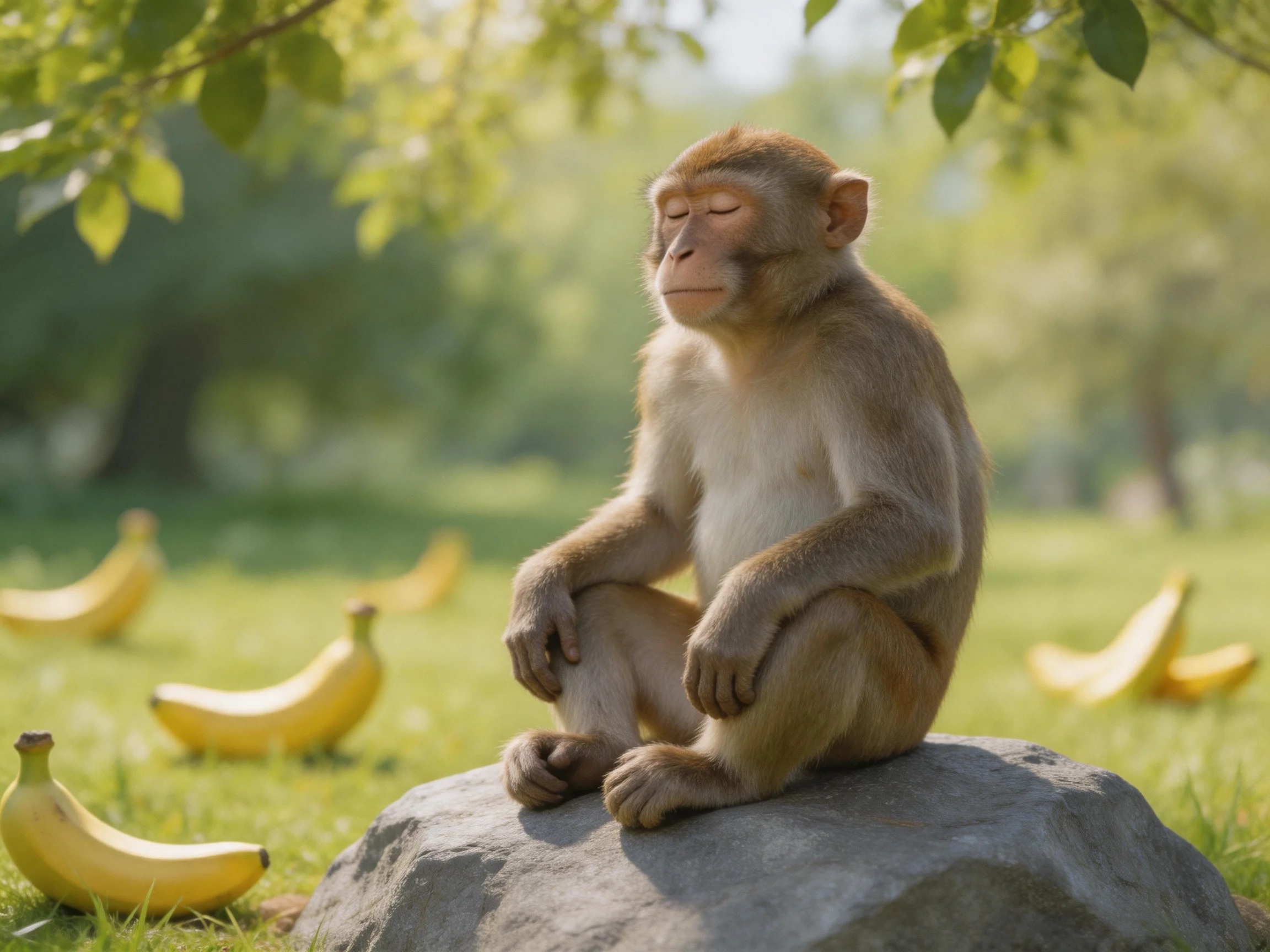 A monkey meditates on a rock amid scattered yellow bananas