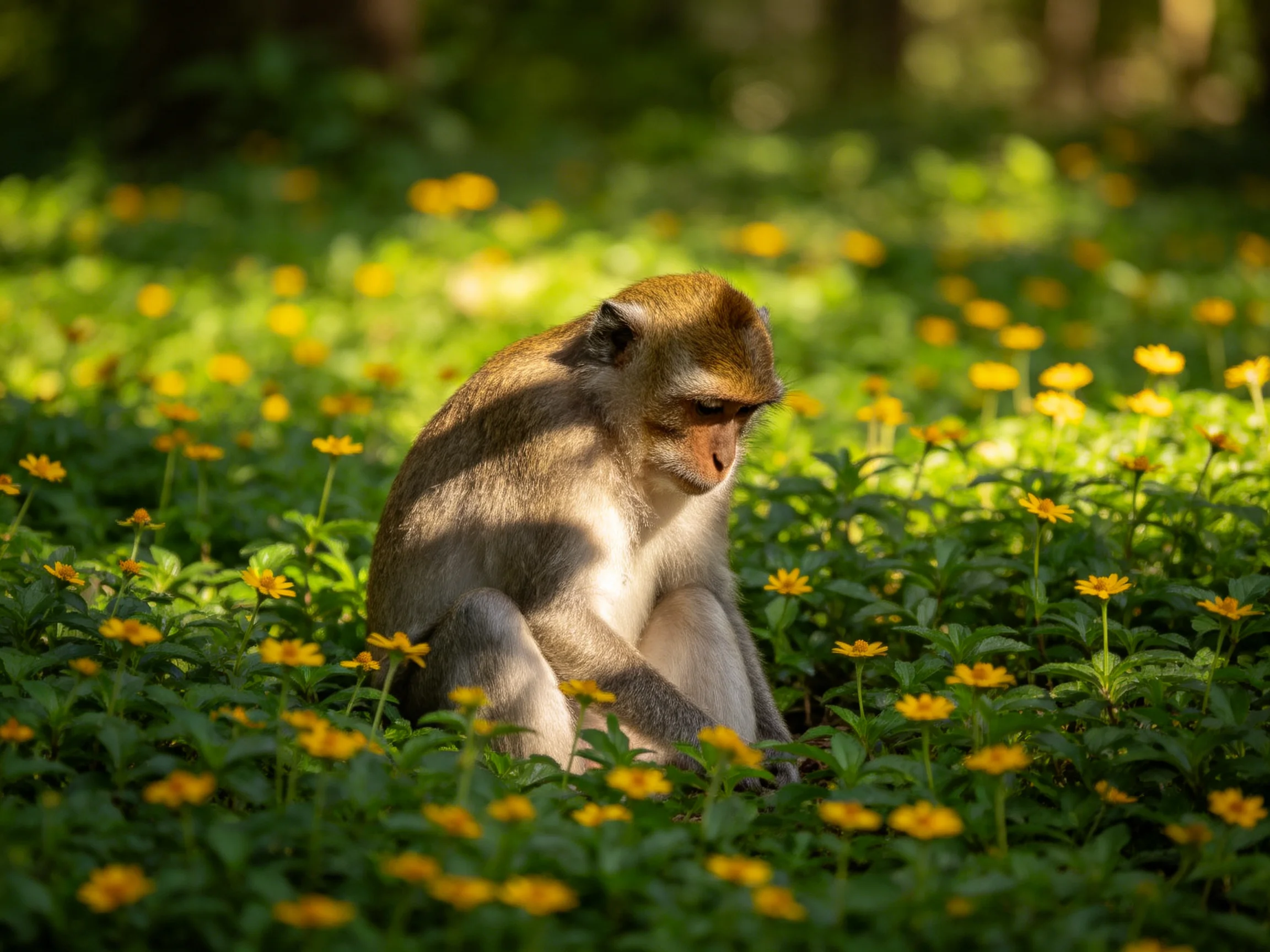 A monkey sits amidst numerous small yellow flowers and lush greenery