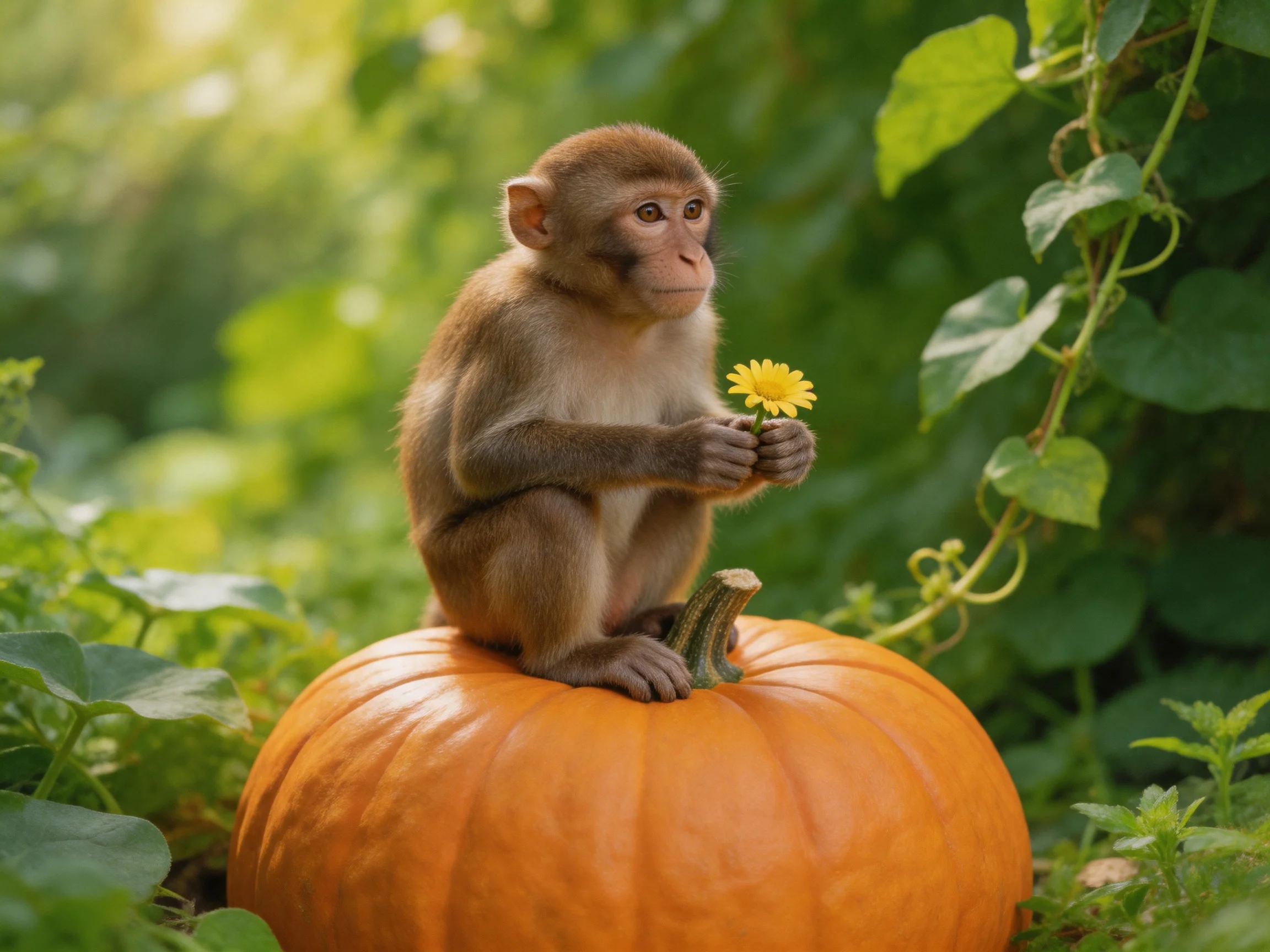A monkey sits atop an orange pumpkin holding a yellow flower
