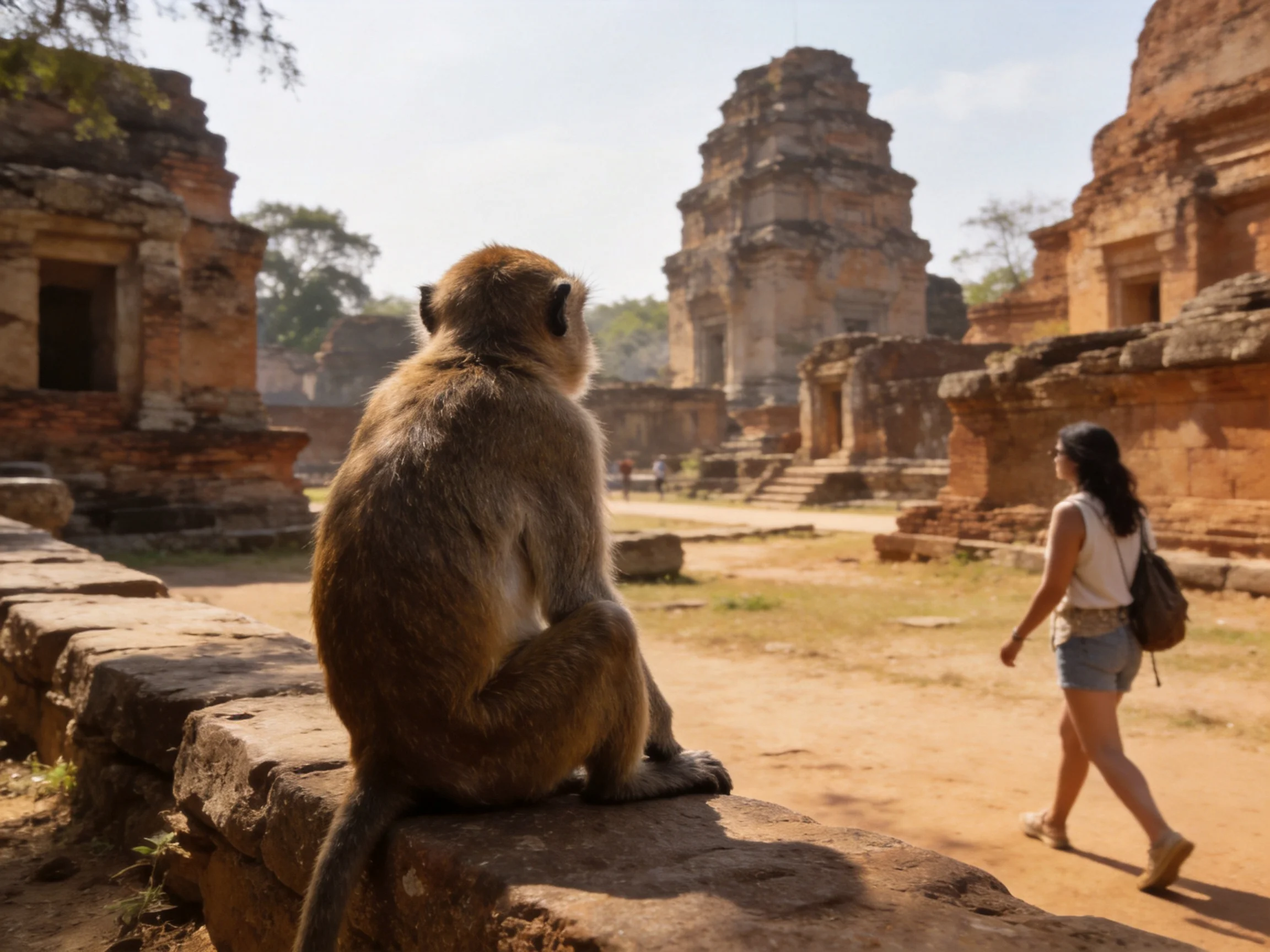 A monkey sits near ancient brick ruins with a tourist walking