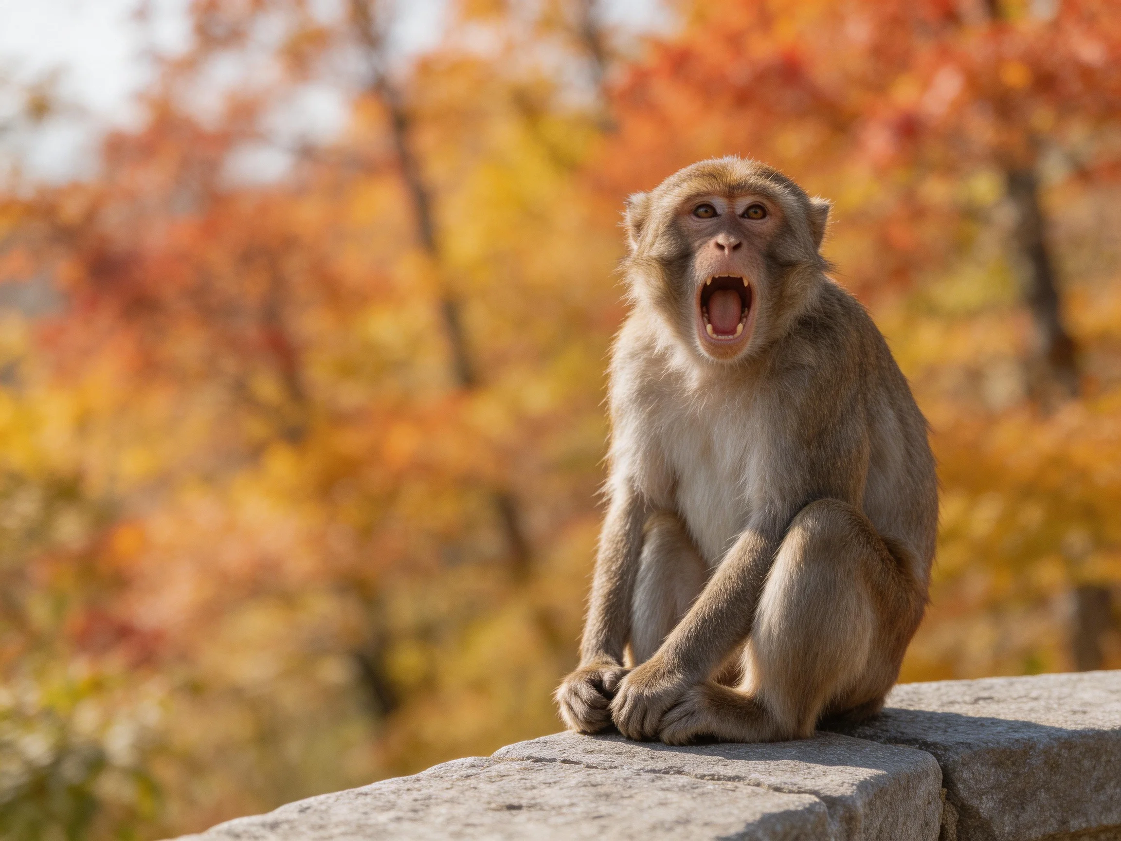 A monkey sits on a stone ledge amidst vibrant autumn foliage