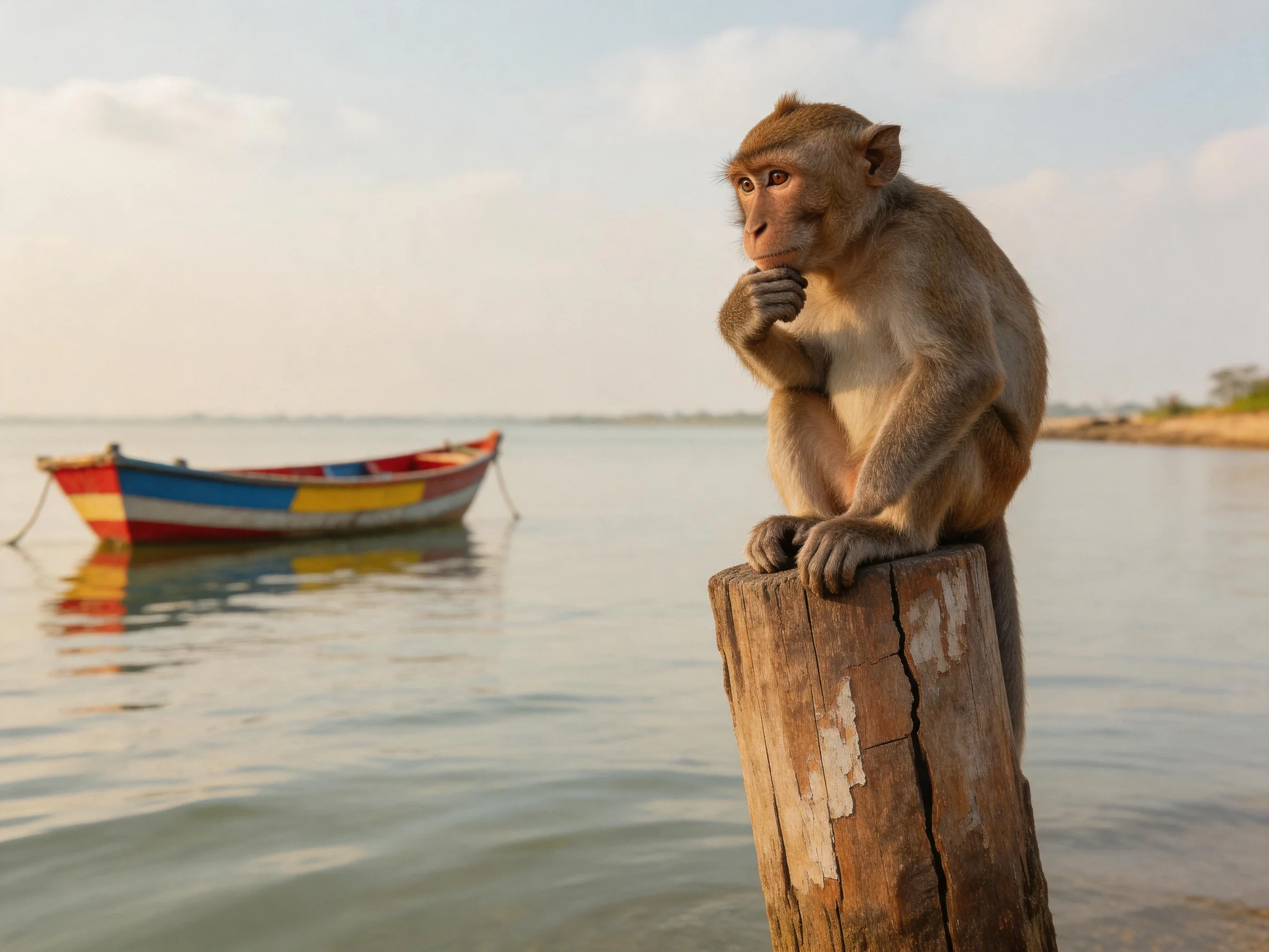 A monkey sits on a weathered wooden post by calm waters with a colorful boat