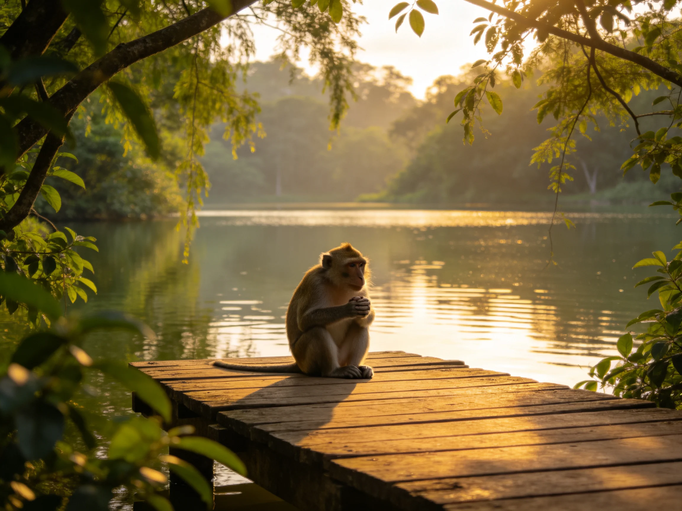 A monkey sits on a wooden dock by a sunlit lake.