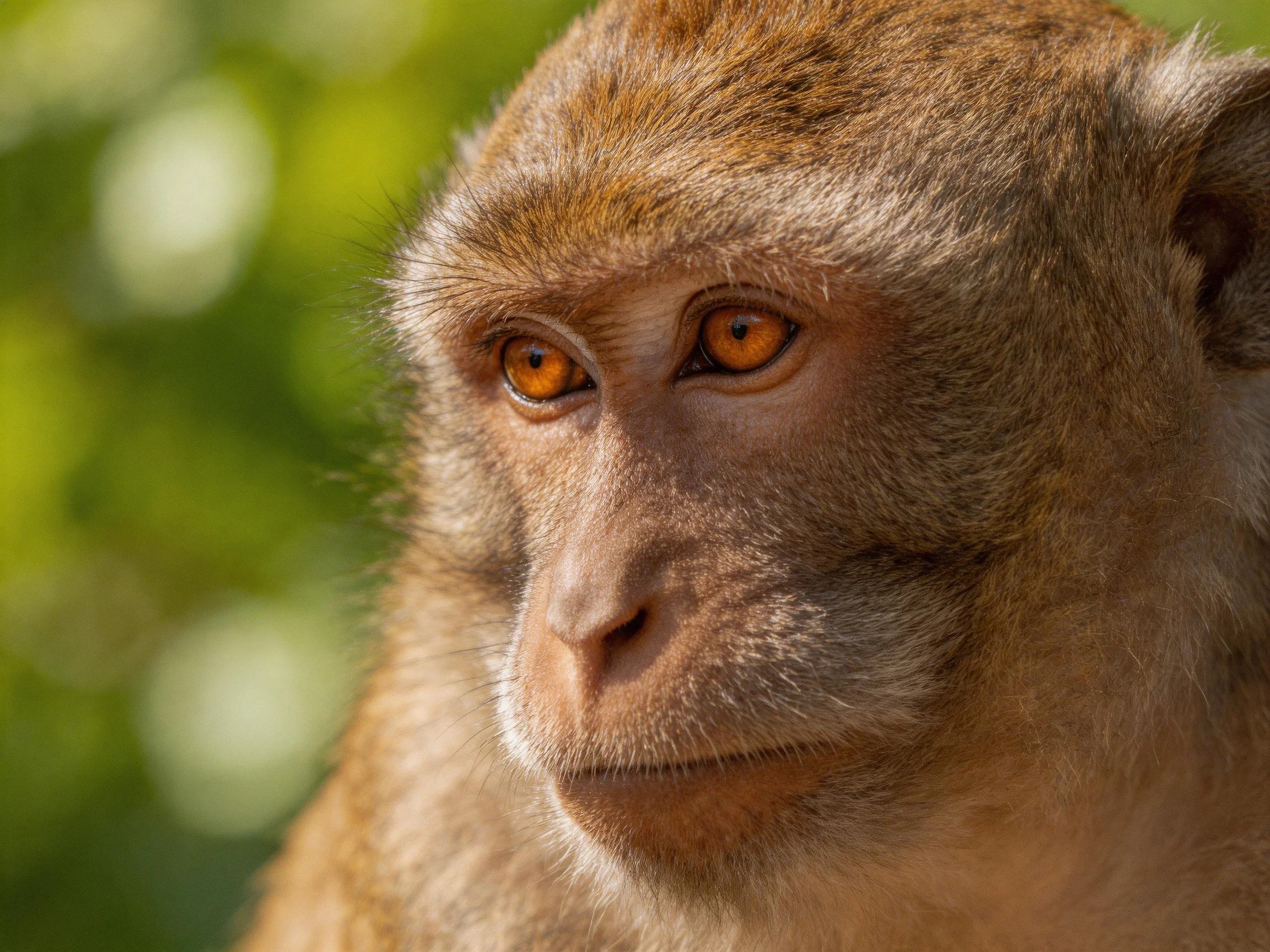 A monkey with amber eyes and brown fur in a blurred green background