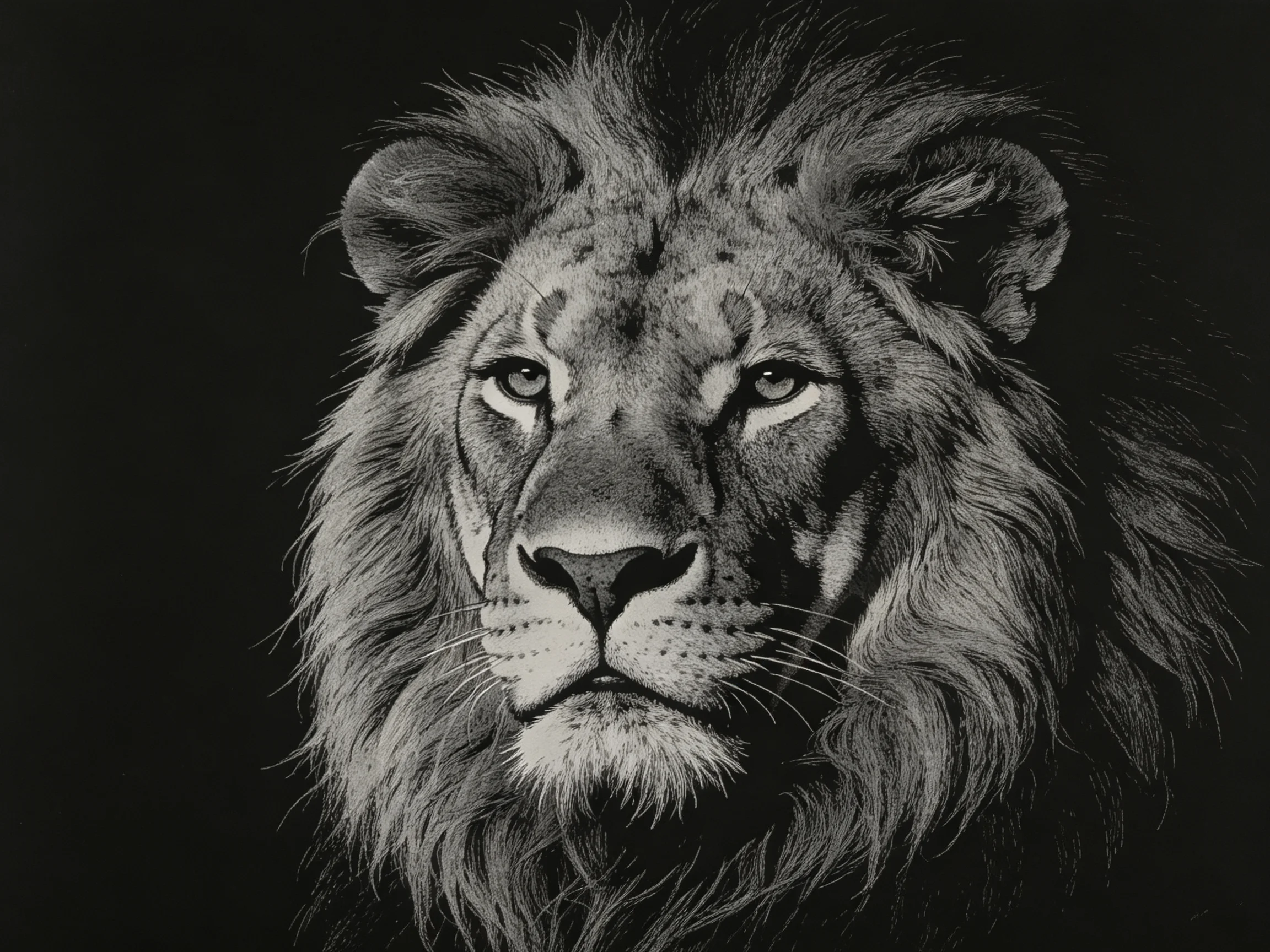 A close - up of a majestic lions face depicted in grayscale