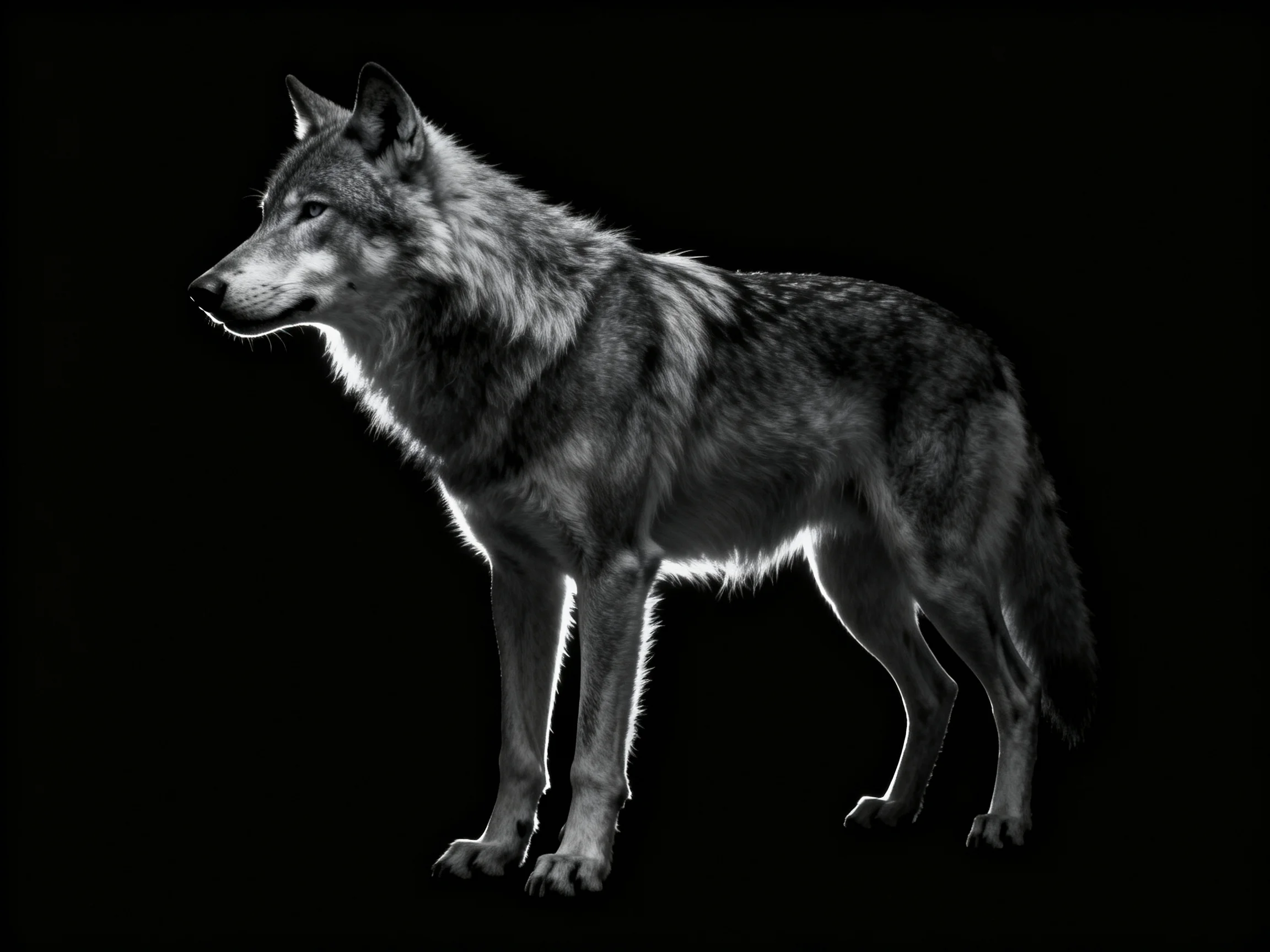 A wolf is depicted in black and white with bold lighting contrasts.