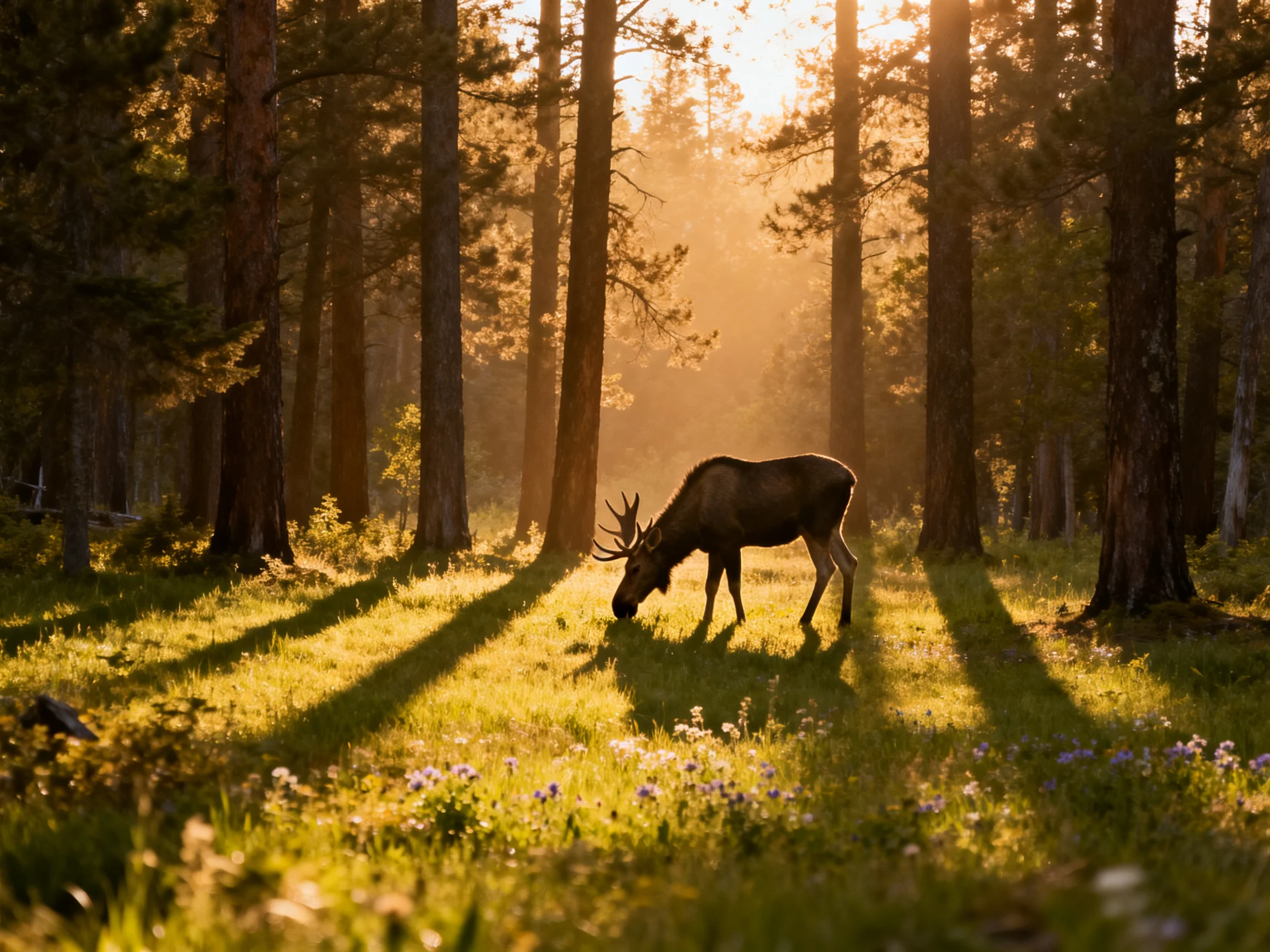 A moose grazing in a sun-drenched forest clearing