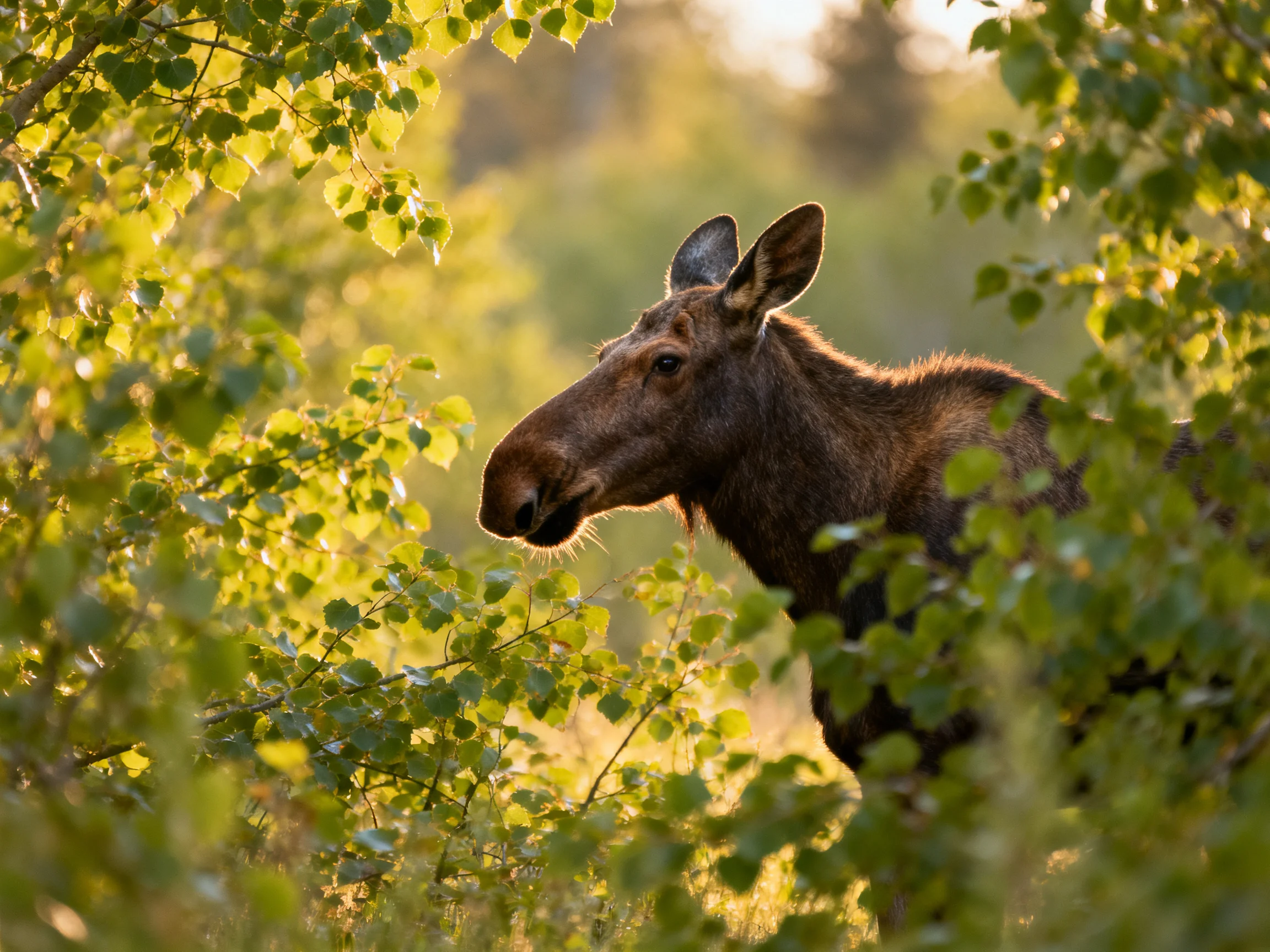 A moose stands amid dense greenery bathed in warm sunlight.