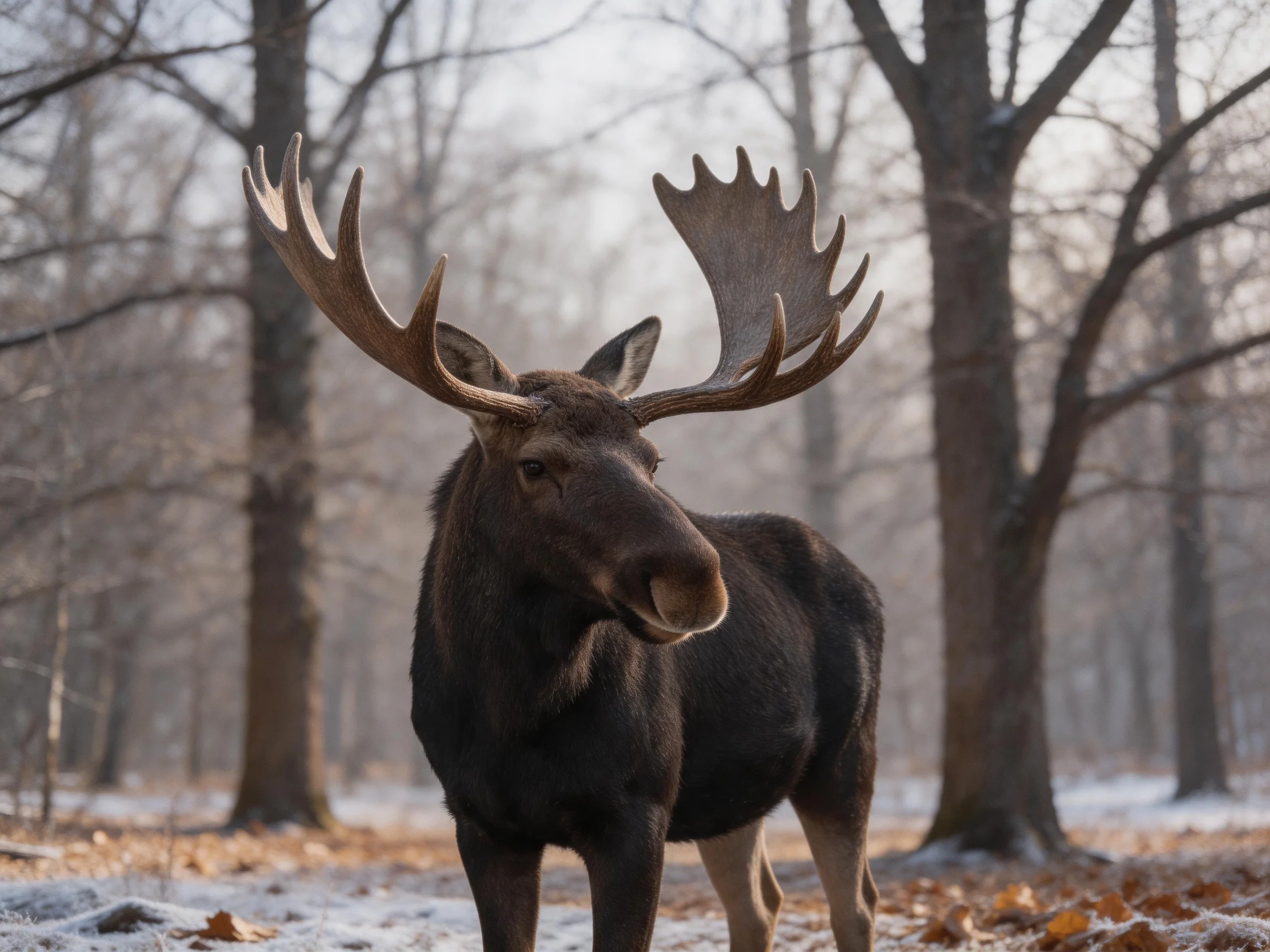 A moose with broad antlers in a frosty woodland