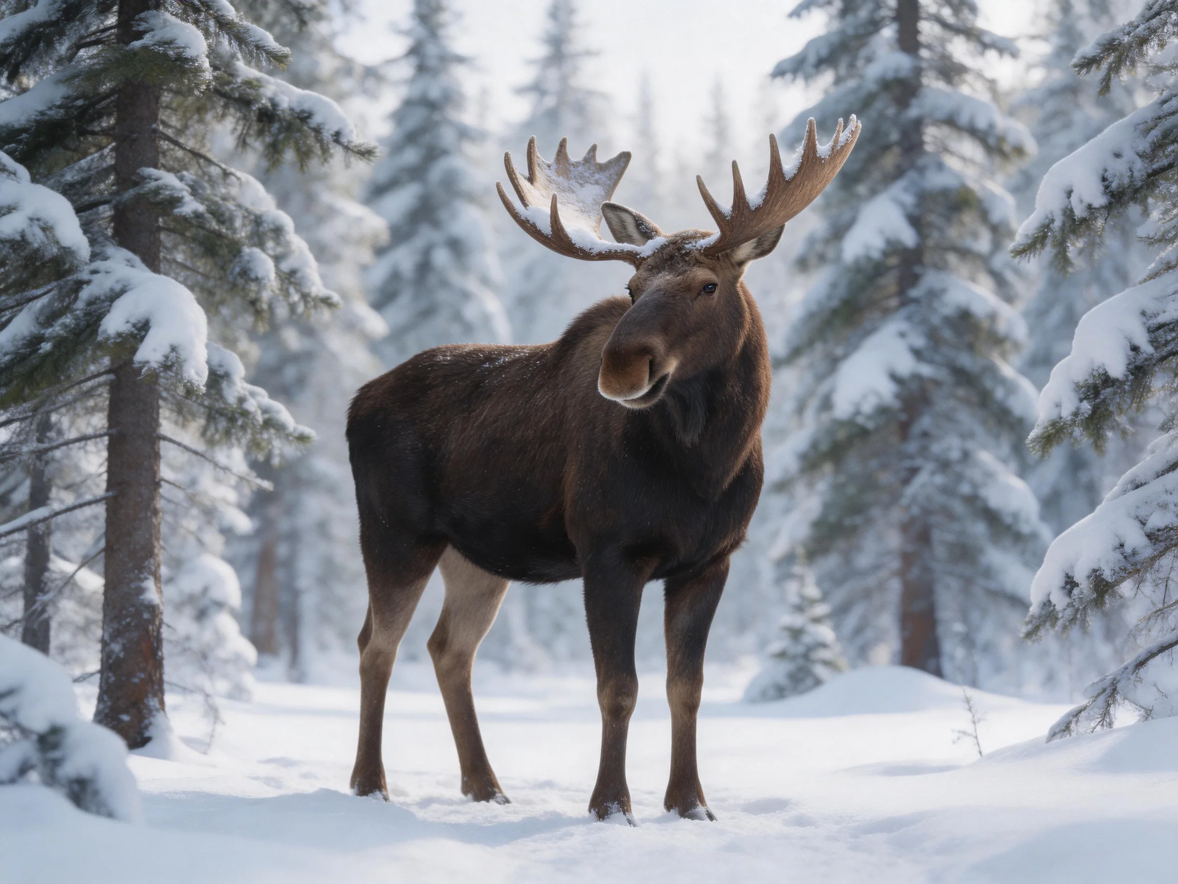 A moose with broad antlers in a snow - filled evergreen forest