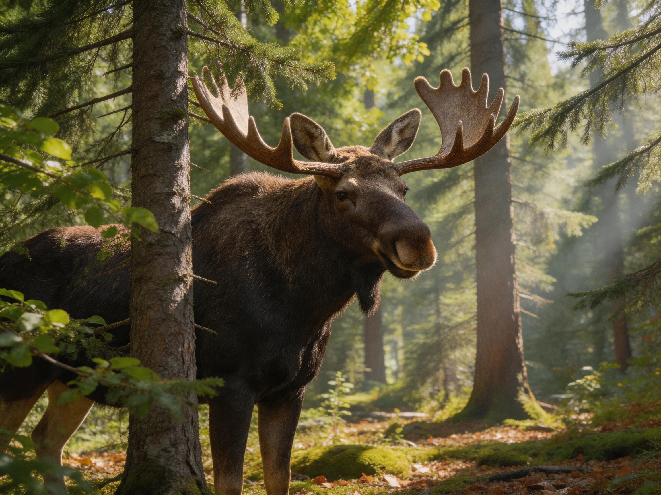 A moose with broad antlers in a sun-dappled forest
