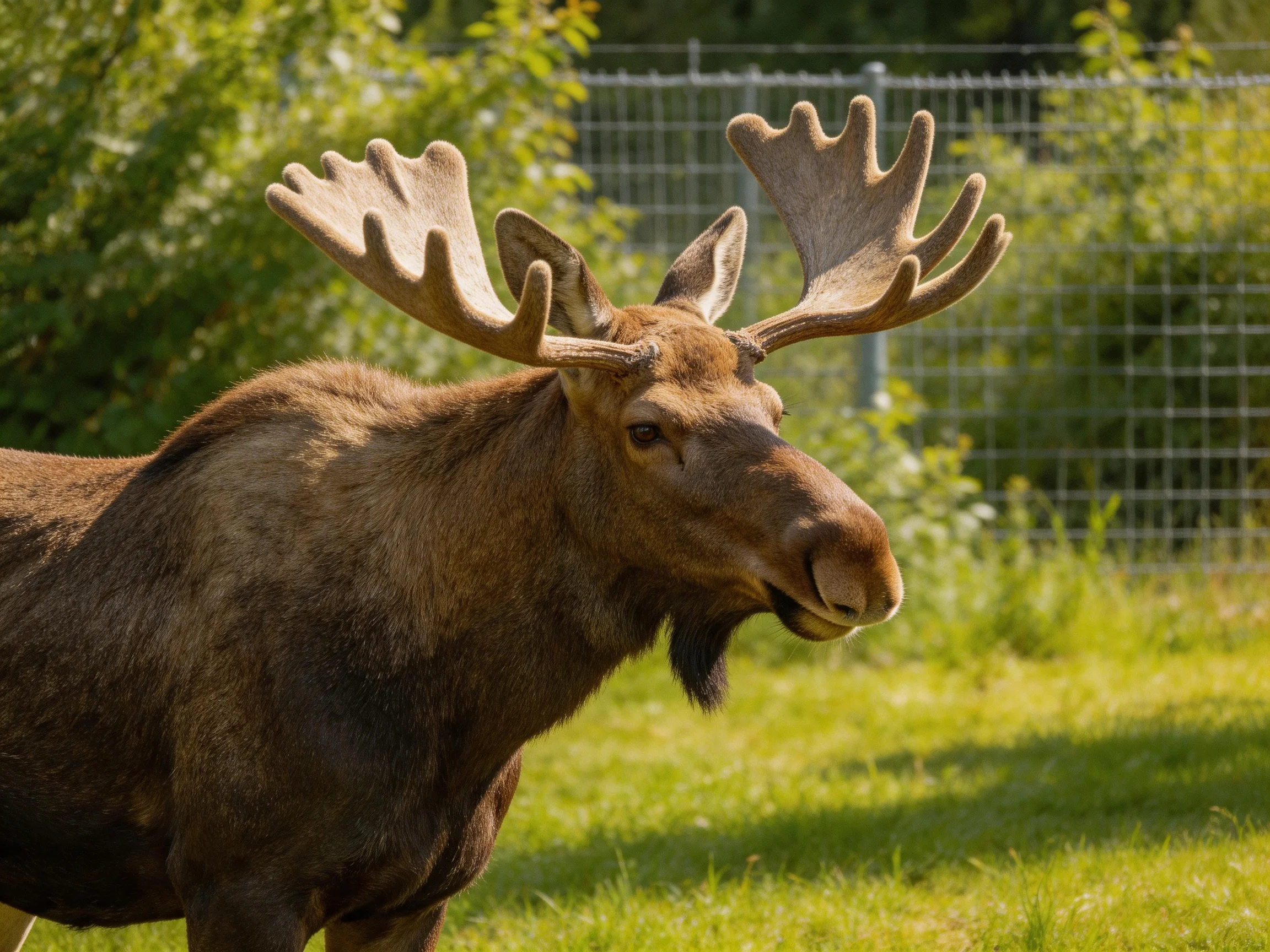 A moose with broad antlers in a sunlit fenced enclosure