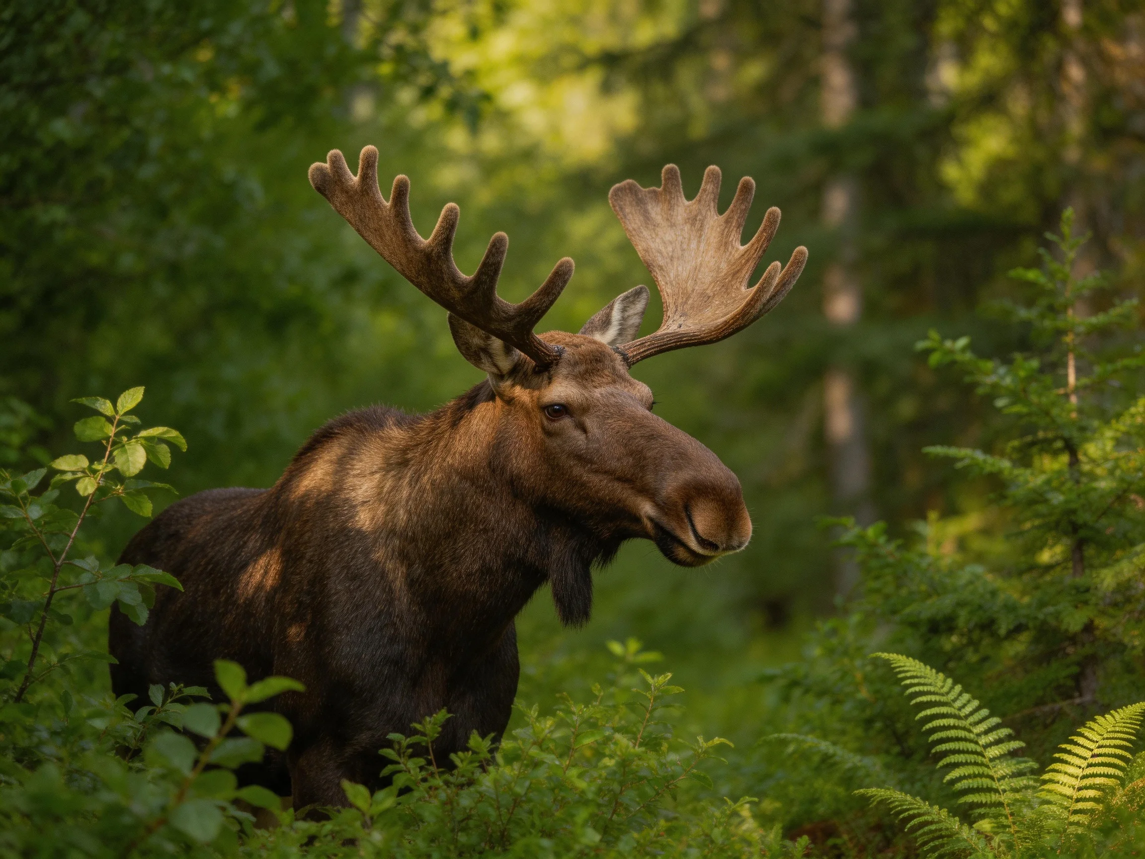 A moose with broad antlers in lush green forest
