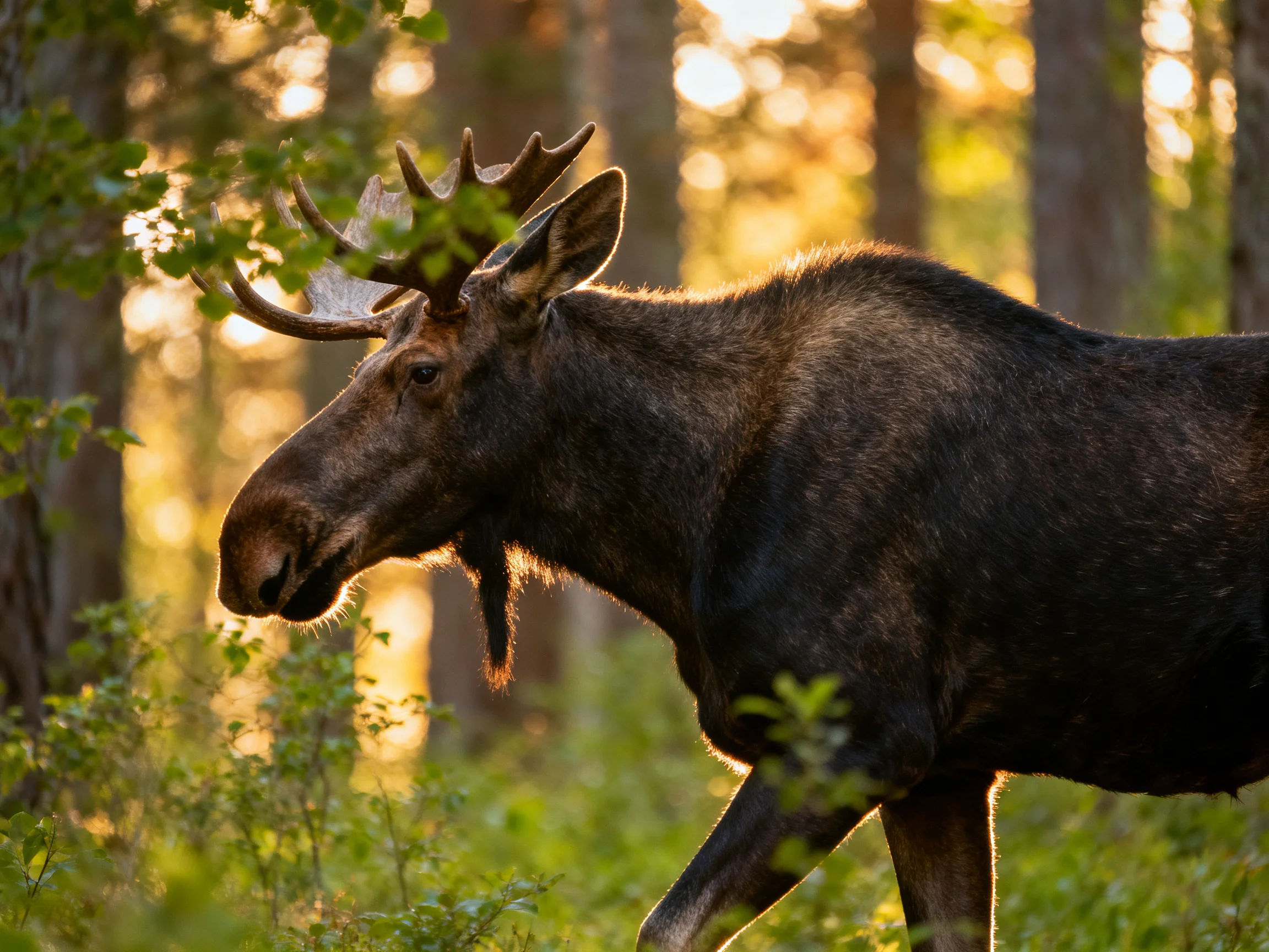 A moose with broad antlers moving through a sun-dappled forest