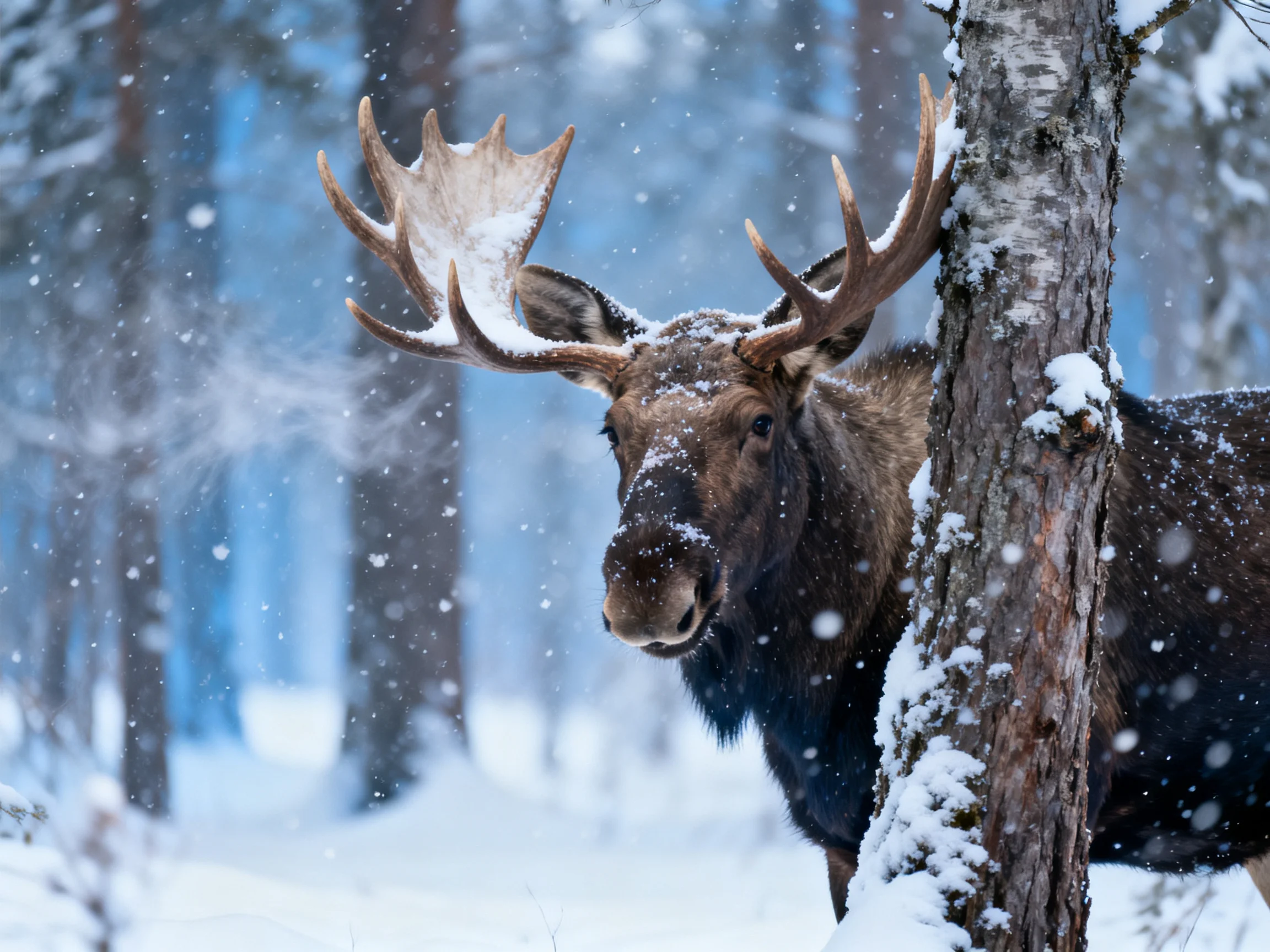 A moose with broad antlers near a snow-covered tree in a wintry forest