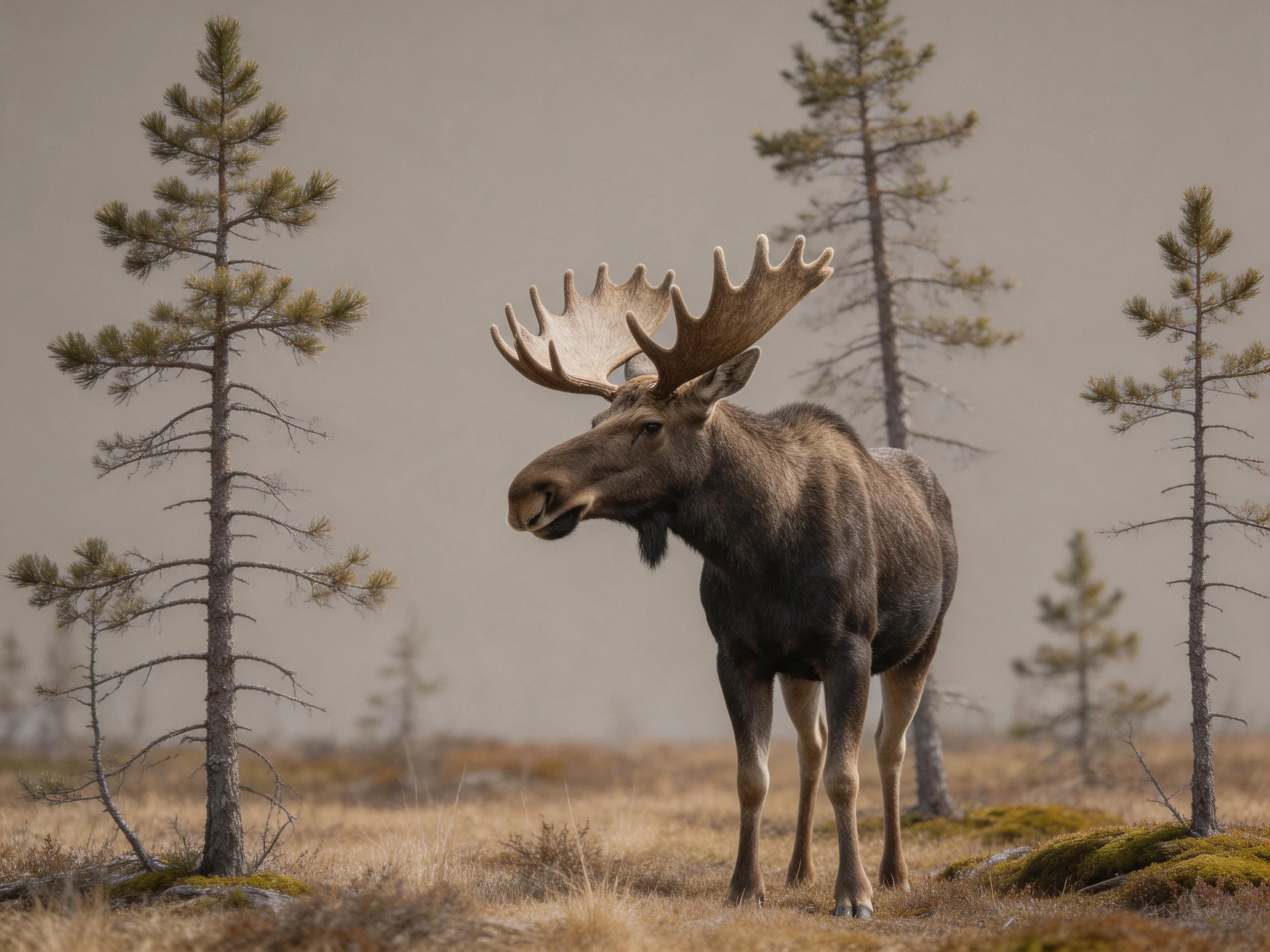 A moose with broad antlers stands in a sparsely wooded area.