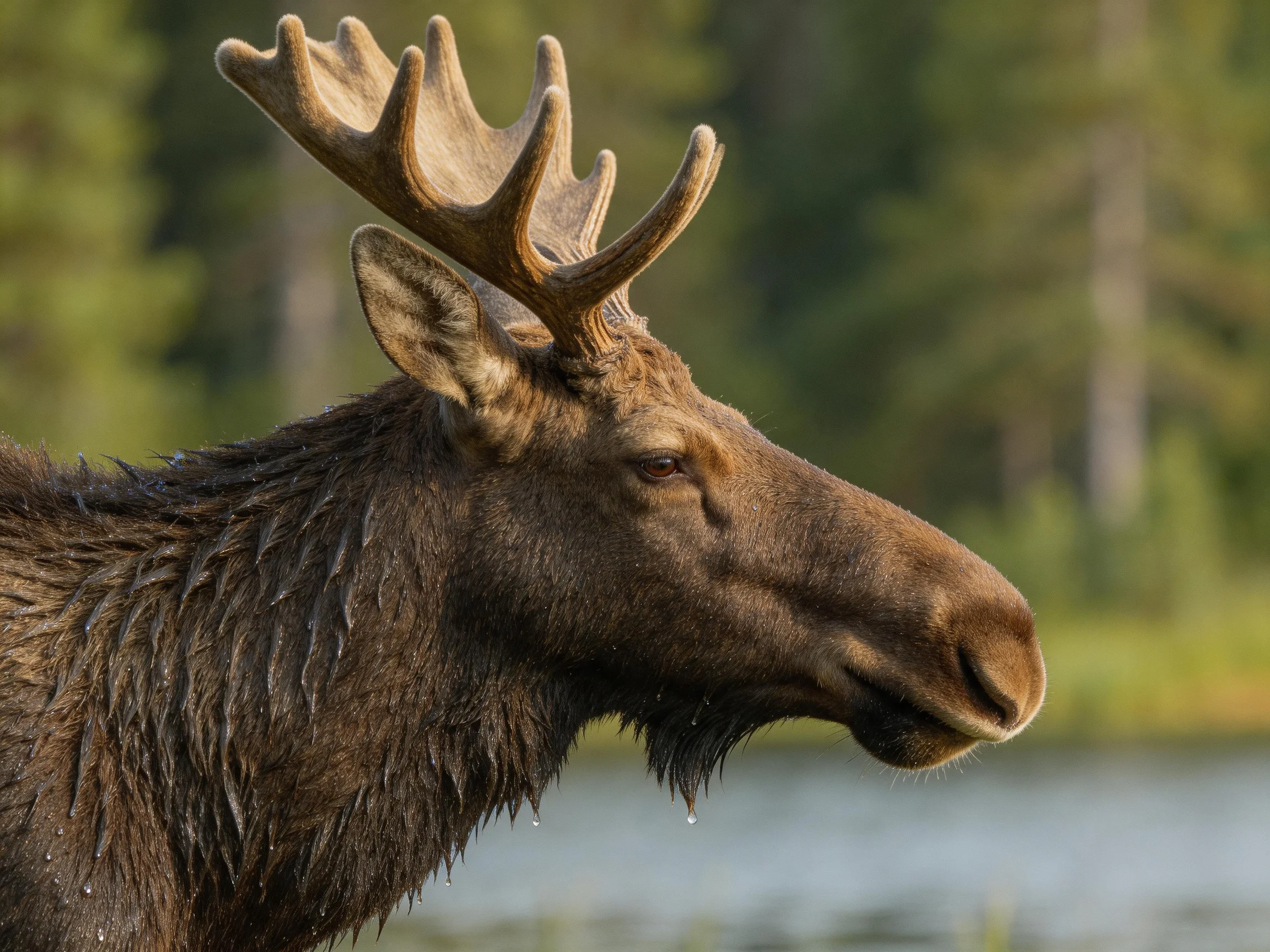 A moose with broad antlers stands near a calm body of water.