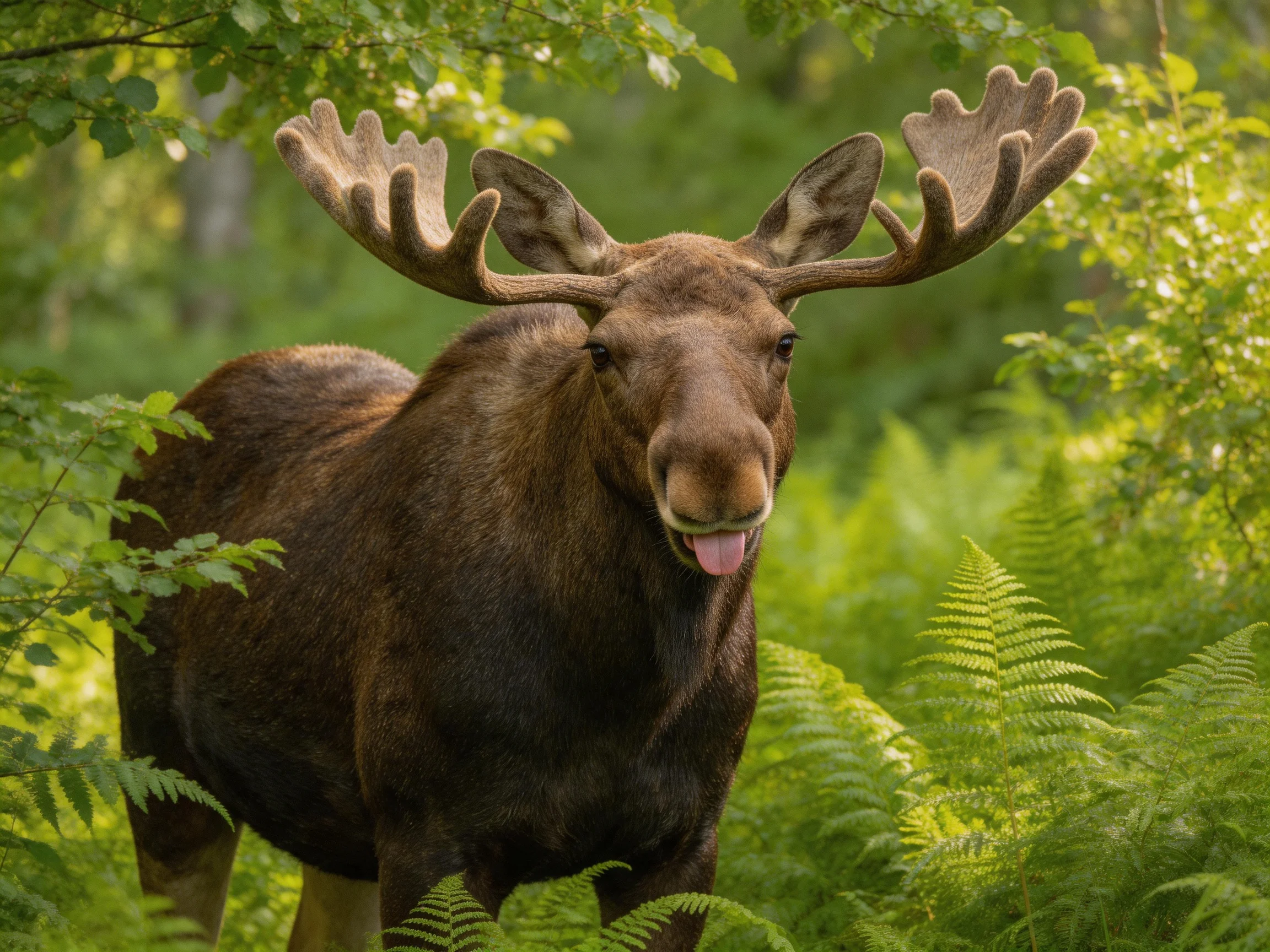 A moose with large antlers in a sun-dappled green forest