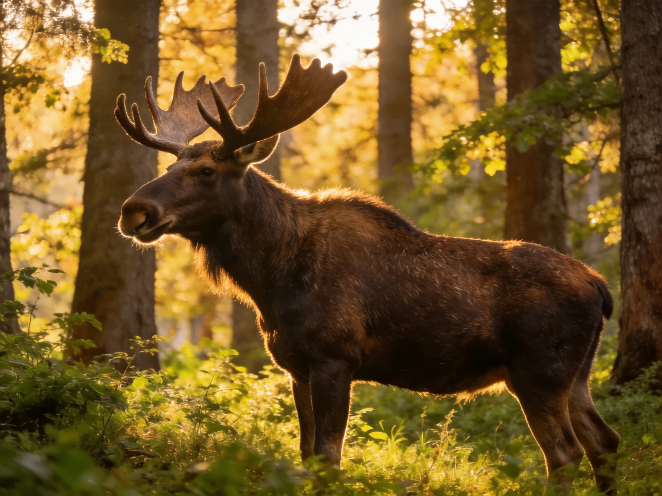 A moose with large antlers in a sun-drenched forest