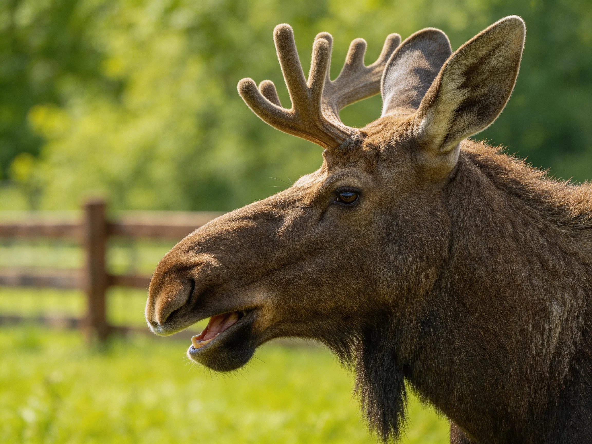 A moose with large antlers in a sunlit green landscape