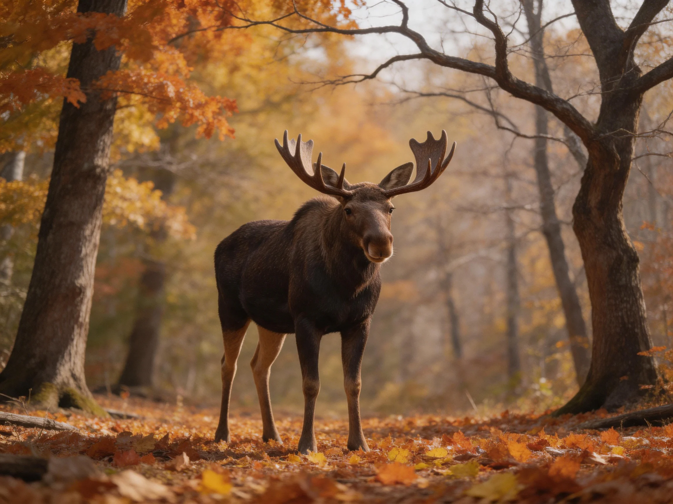 A moose with large antlers in an autumn forest with colorful leaves