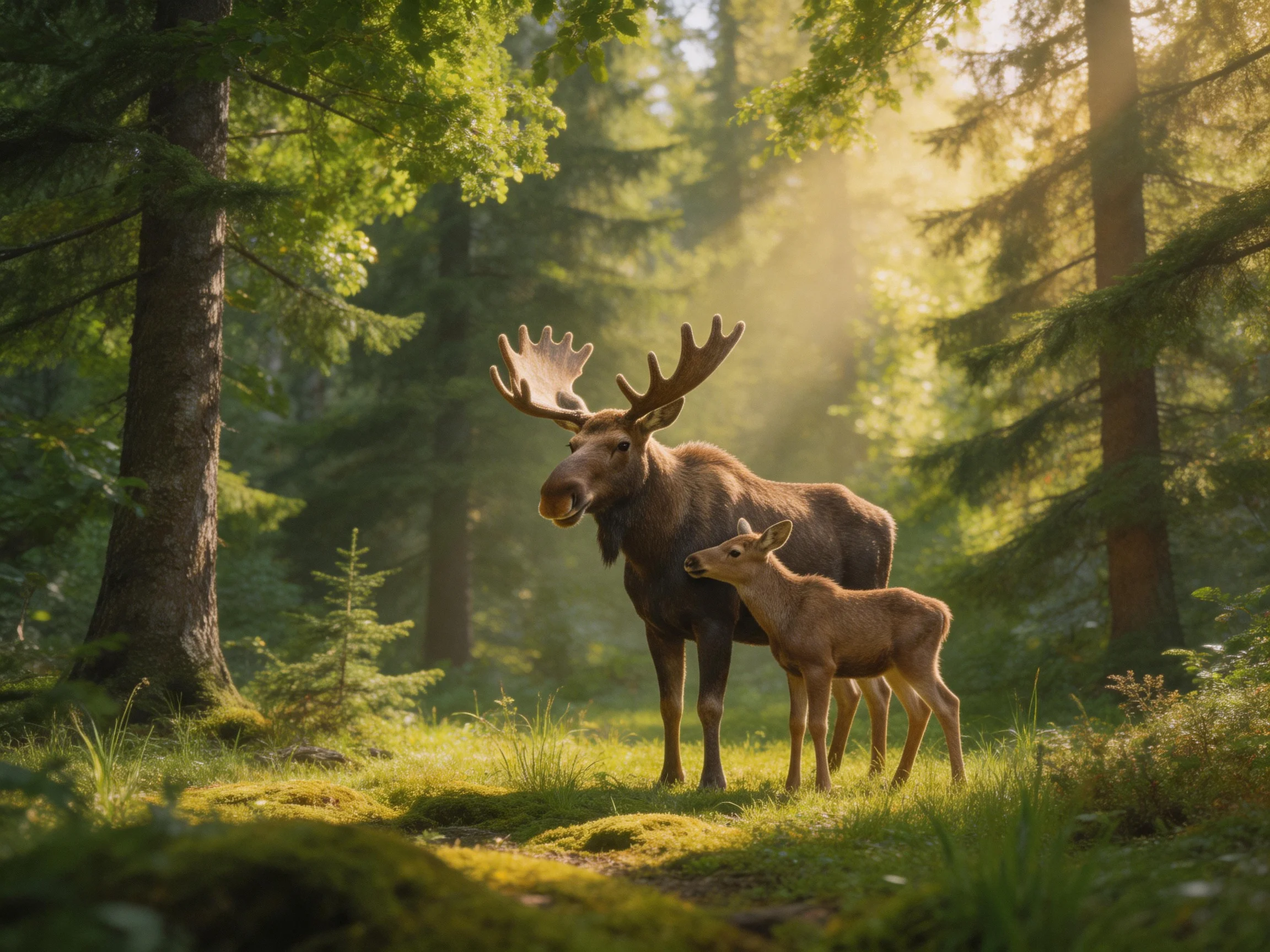 A moose with large antlers stands beside a fawn in a sunlit forest