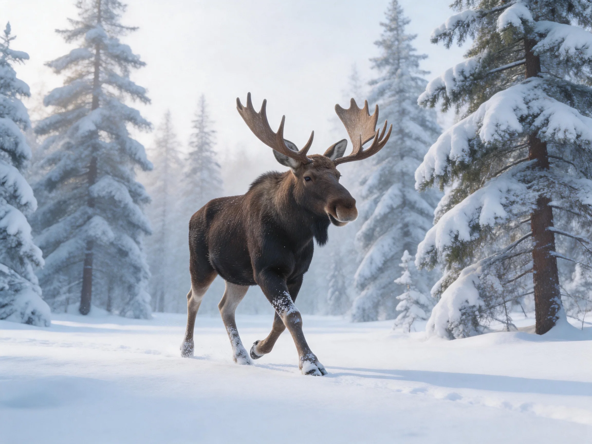 A moose with large antlers walks through a snow-covered pine forest