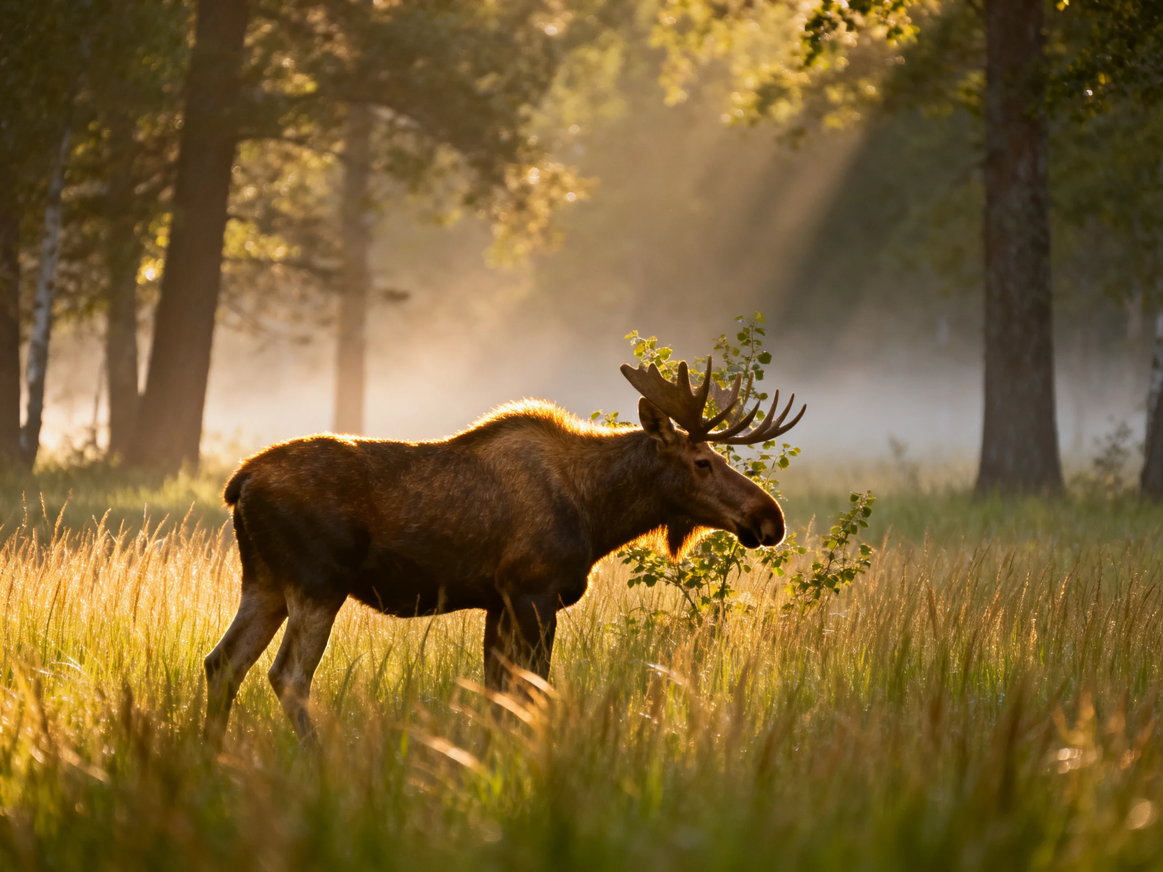A moose with large antlers wanders through a sunlit forest clearing with tall grasses
