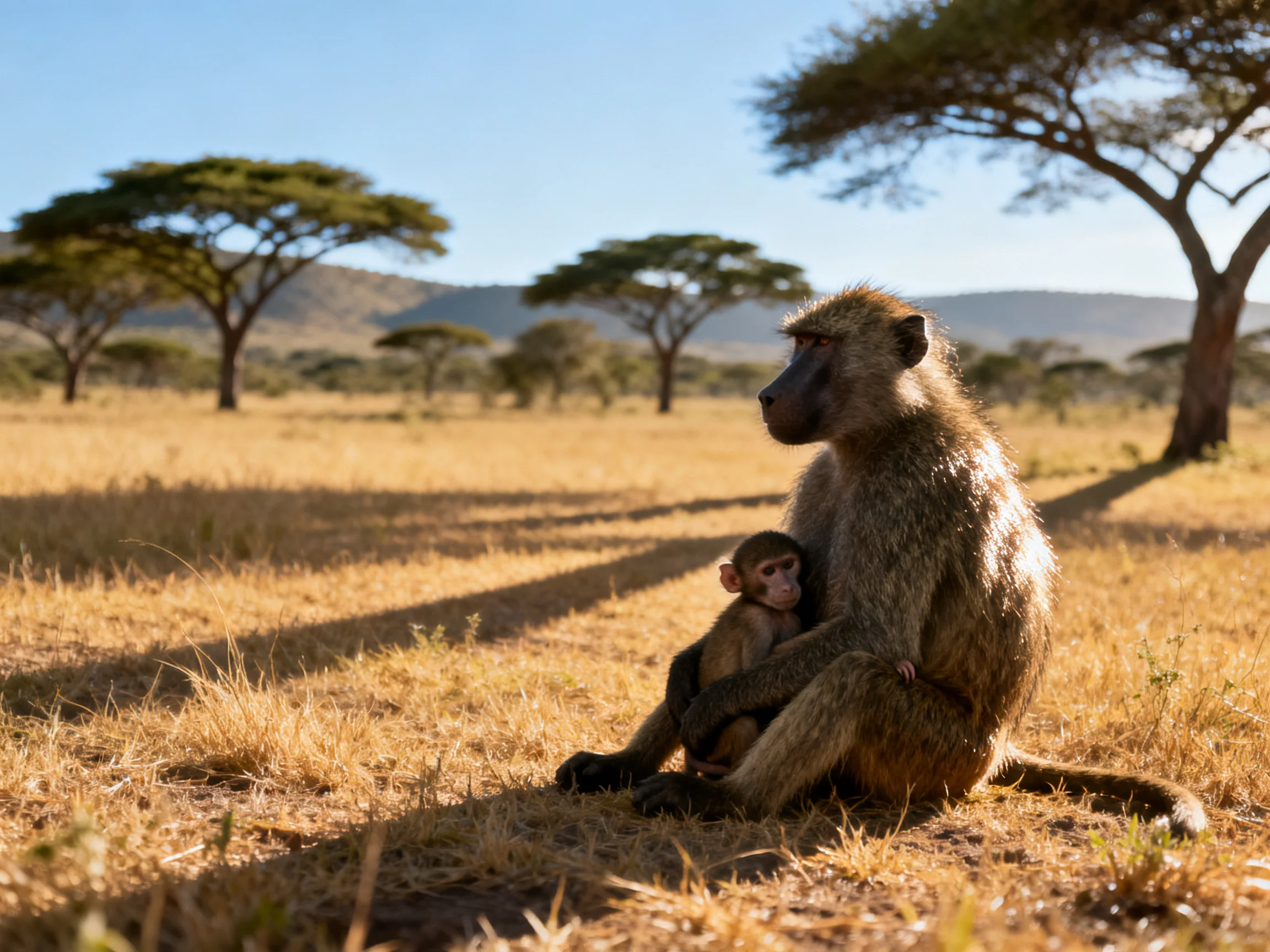 A mother baboon cradles her cub in a sunlit savannah.