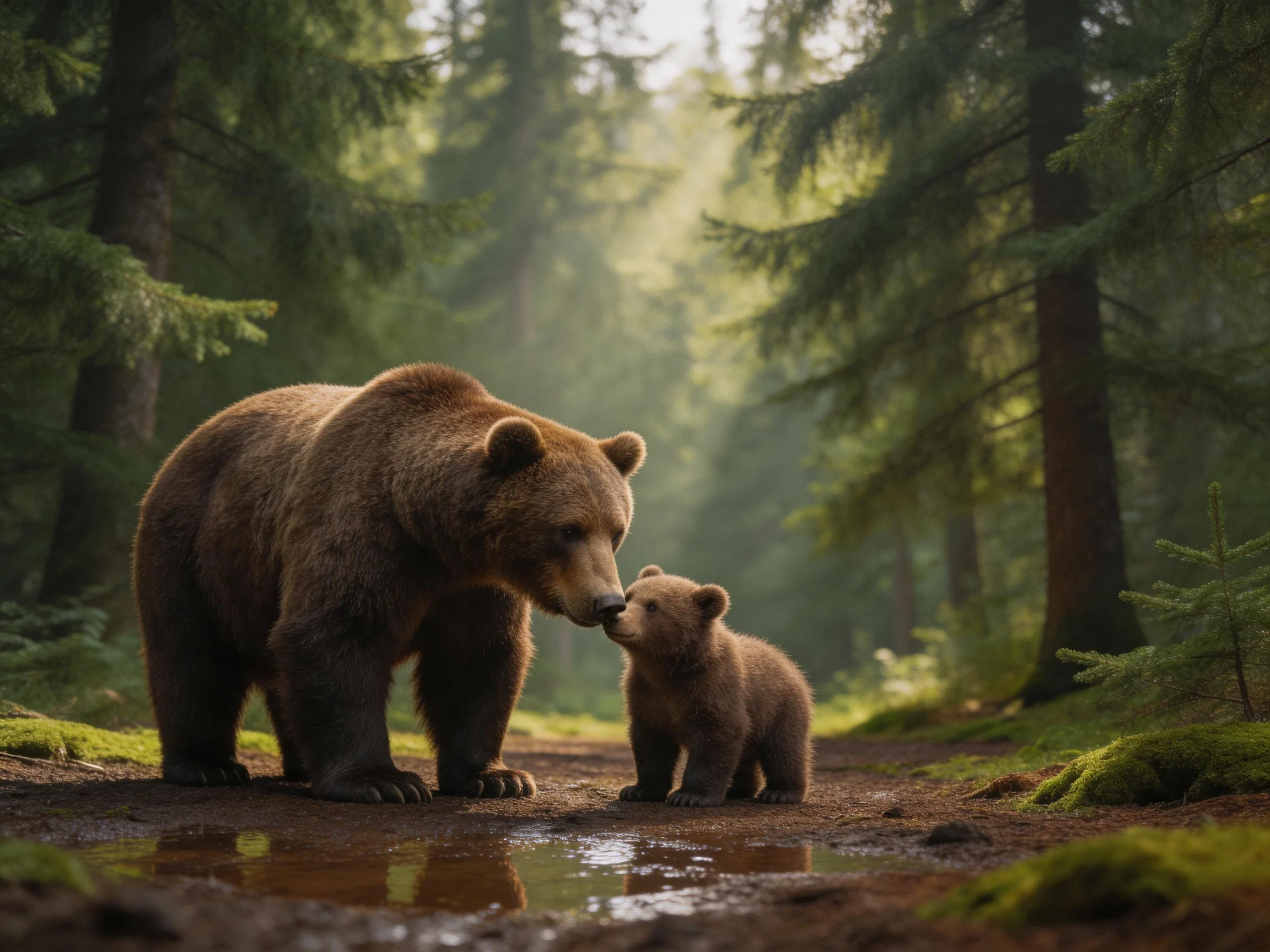 A mother brown bear and cub on a forest path surrounded by tall evergreen trees