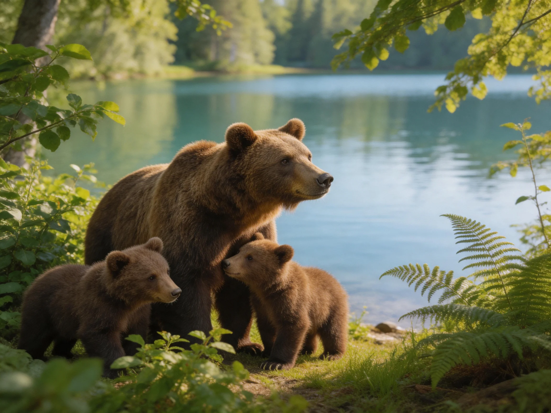 A mother brown bear with two cubs near a serene blue lake