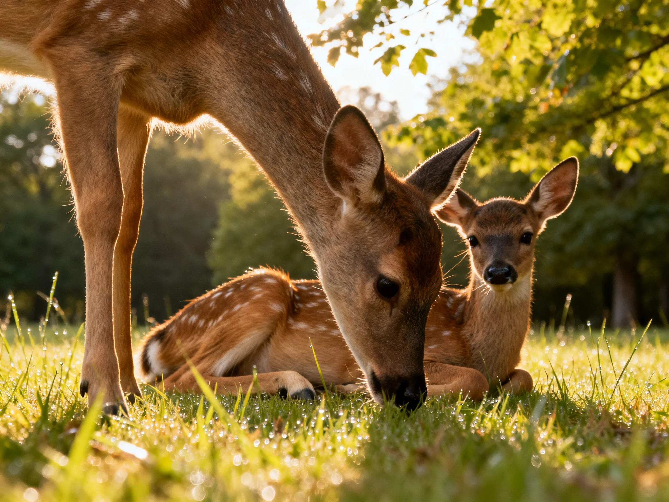 A mother deer and spotted fawn rest in sunlit meadow