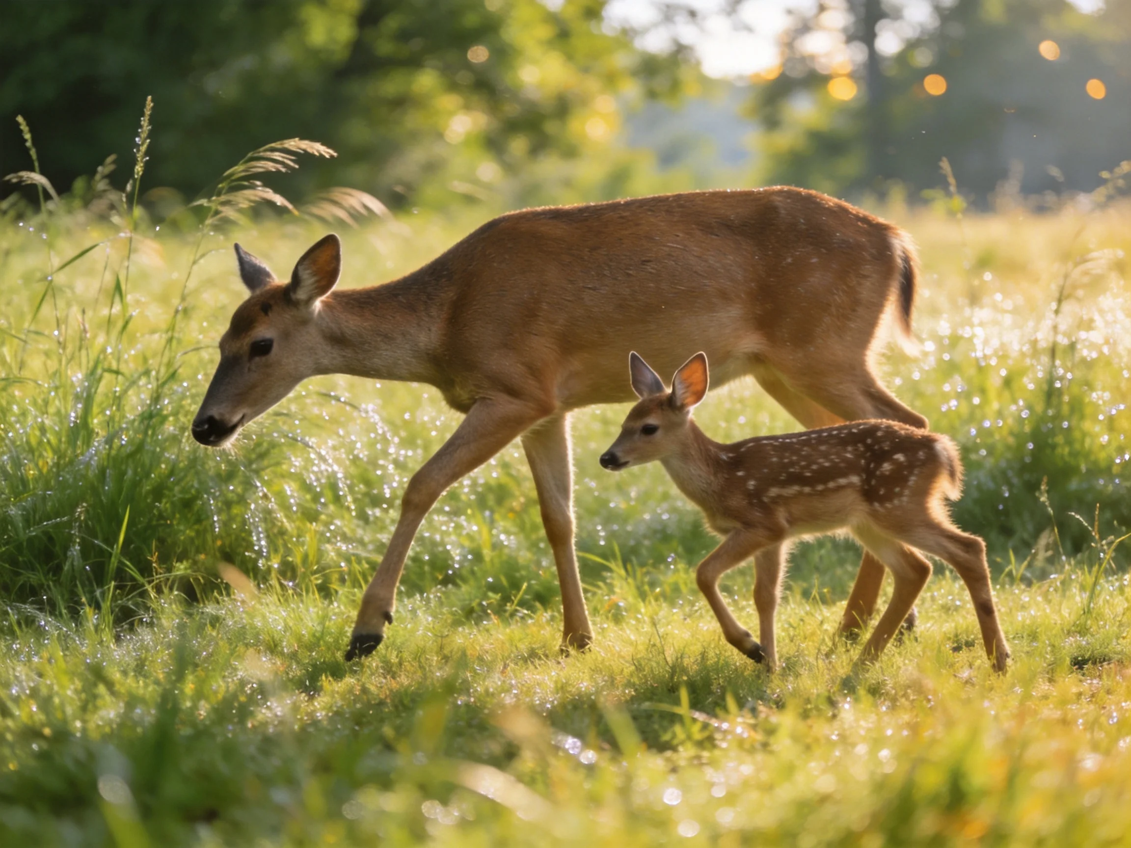 A mother deer and spotted fawn walk through a sunlit meadow