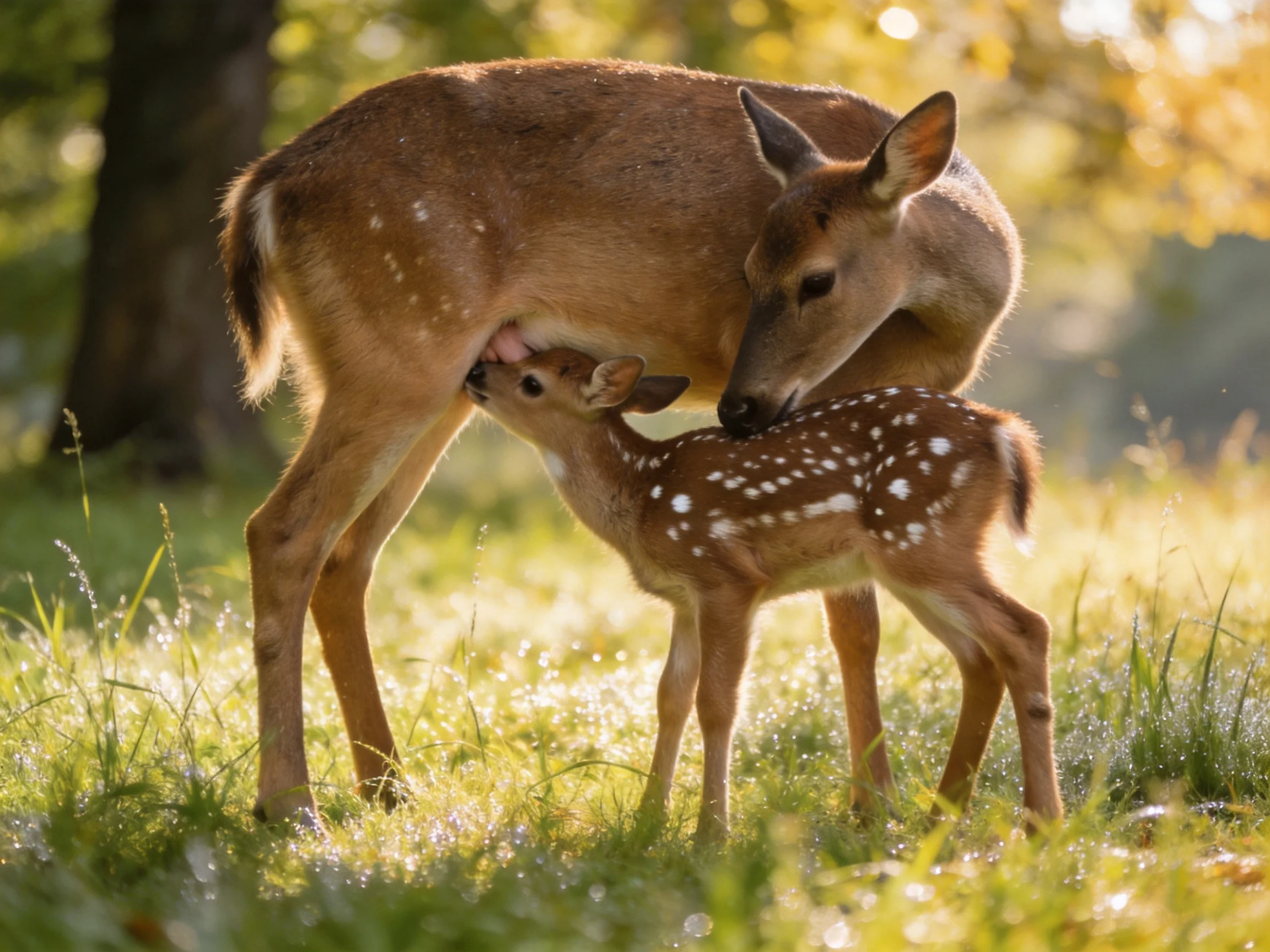 A mother deer nurses her spotted fawn in a sun-dappled meadow
