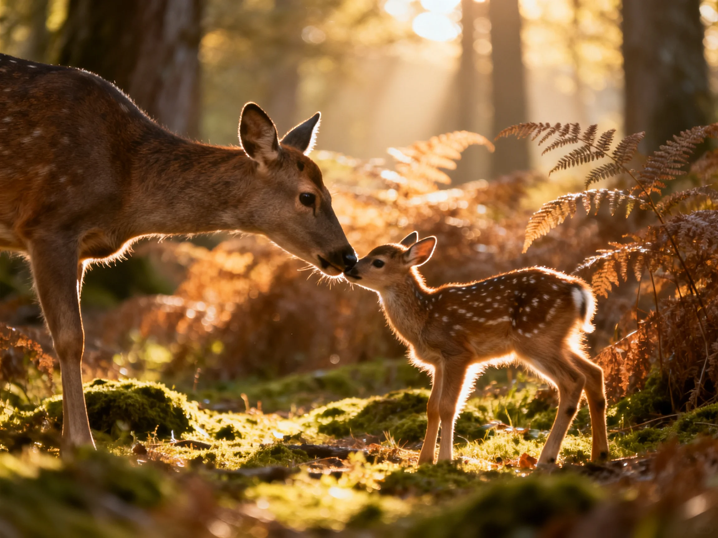 A mother deer interacts with her fawn in a sunlit forest.