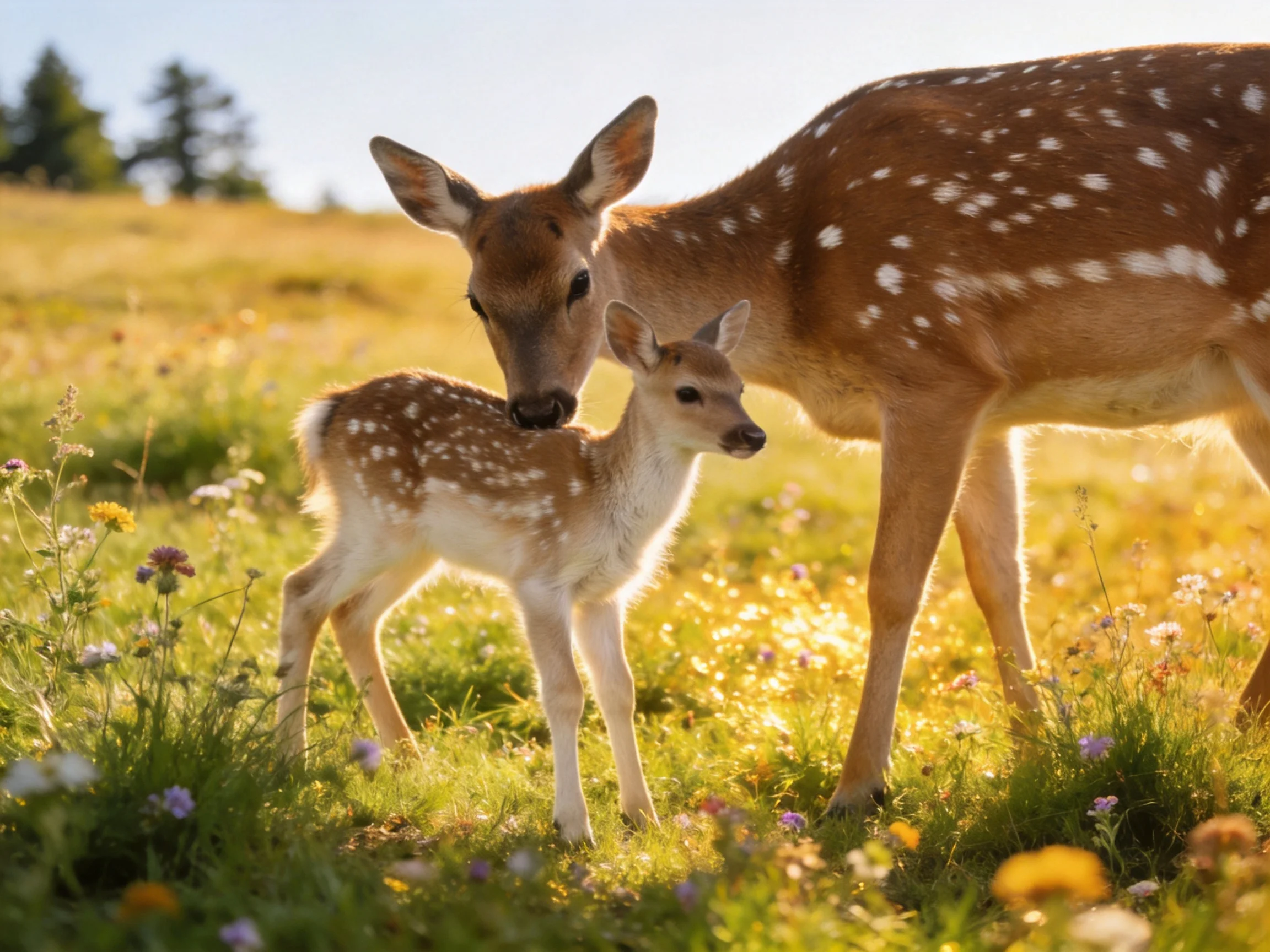 A mother deer tenderly nuzzles her spotted fawn among colorful wildflowers in a sunlit meadow.