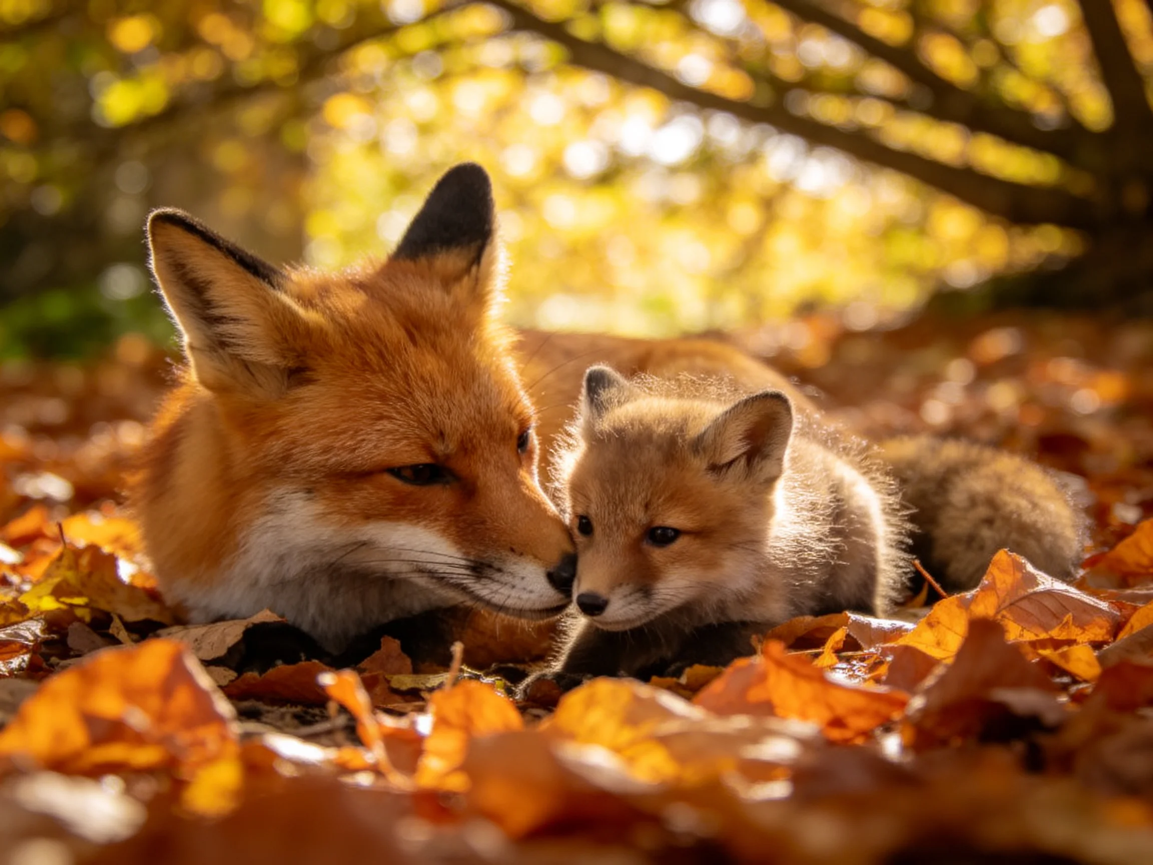A mother fox and cub nuzzle among golden autumn leaves in a sunlit forest