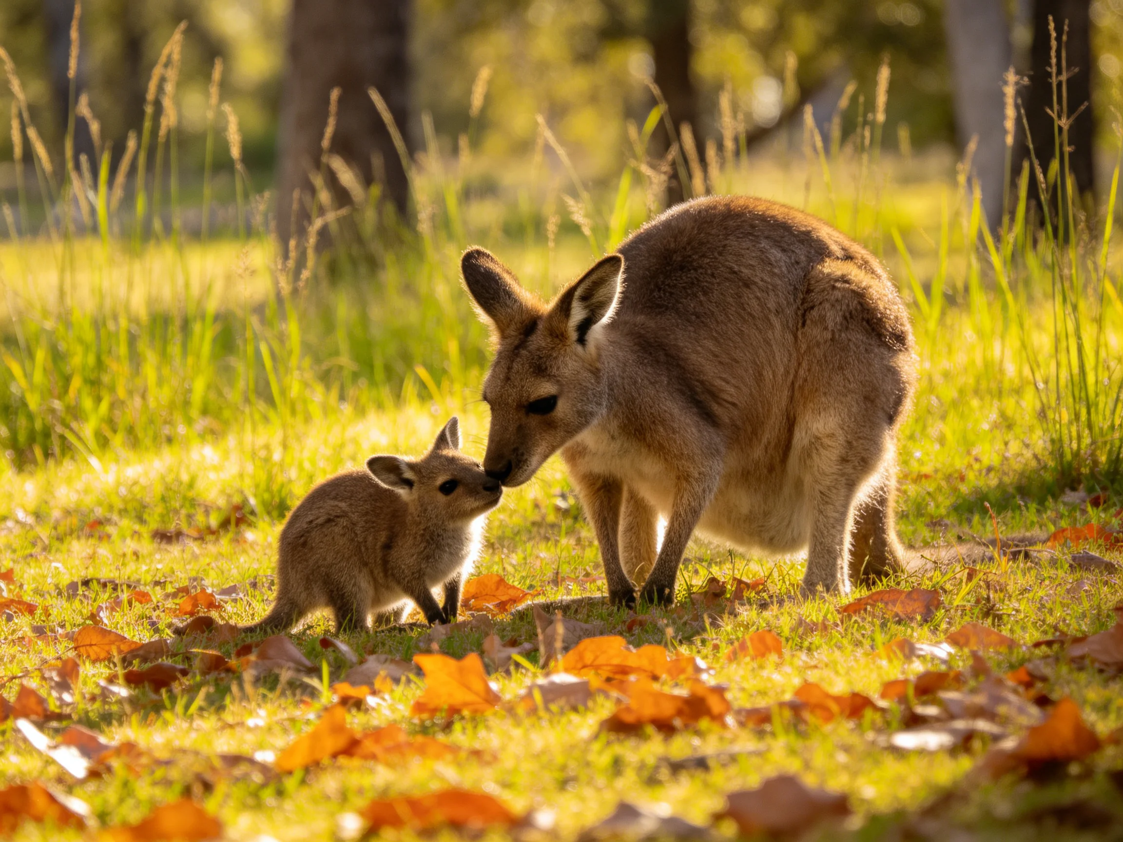 A mother kangaroo and joey in an autumn meadow with golden light