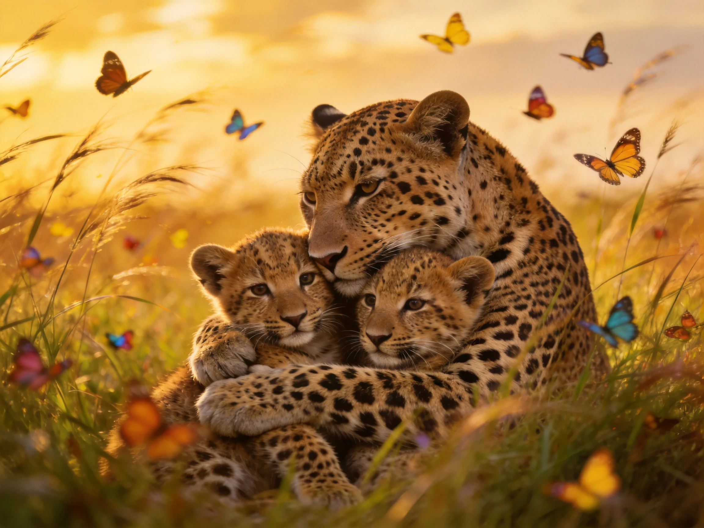 A mother leopard cuddles two cubs amid colorful butterflies in golden grass