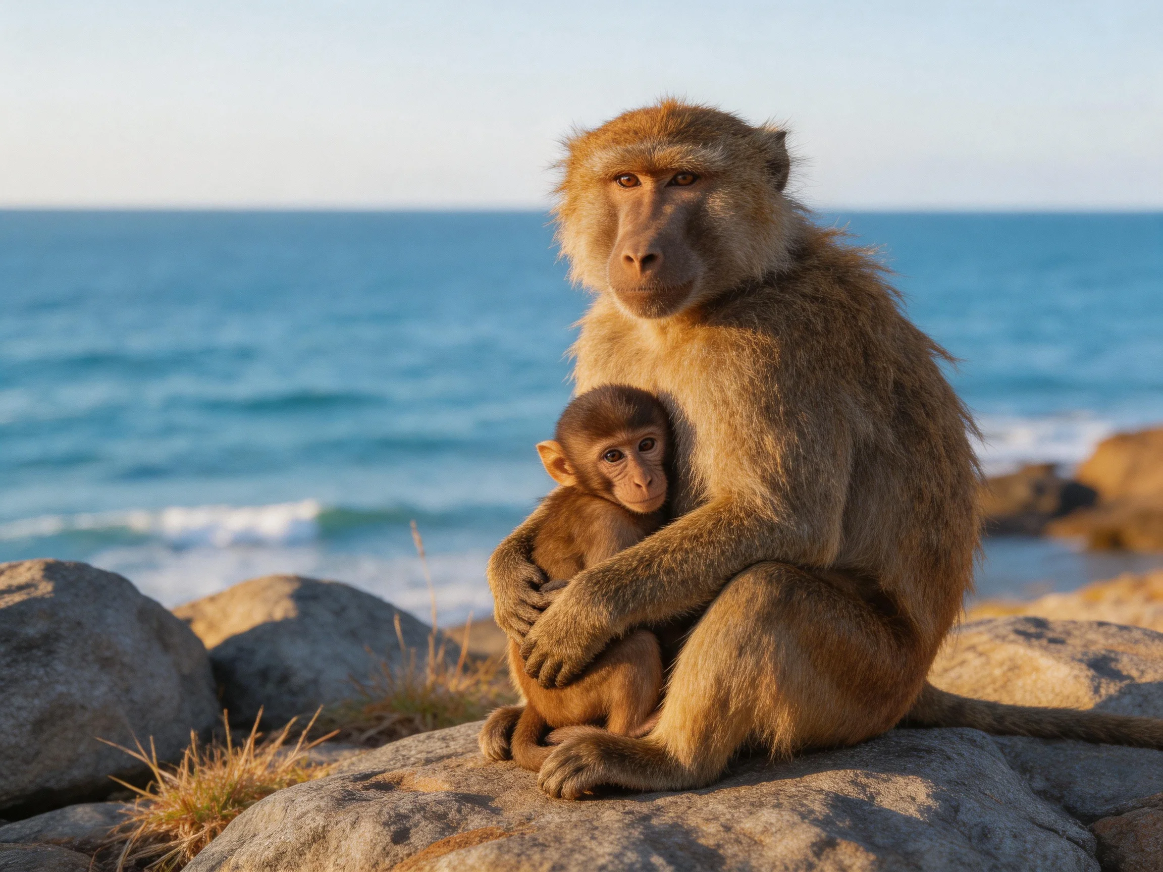A mother monkey and baby sit on rocky shore near blue sea