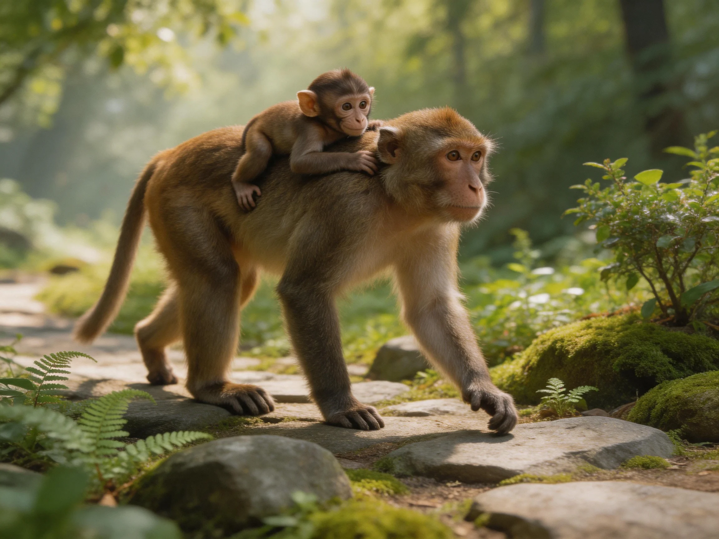 A mother monkey and baby walk along moss-covered stone paths in a sunlit forest
