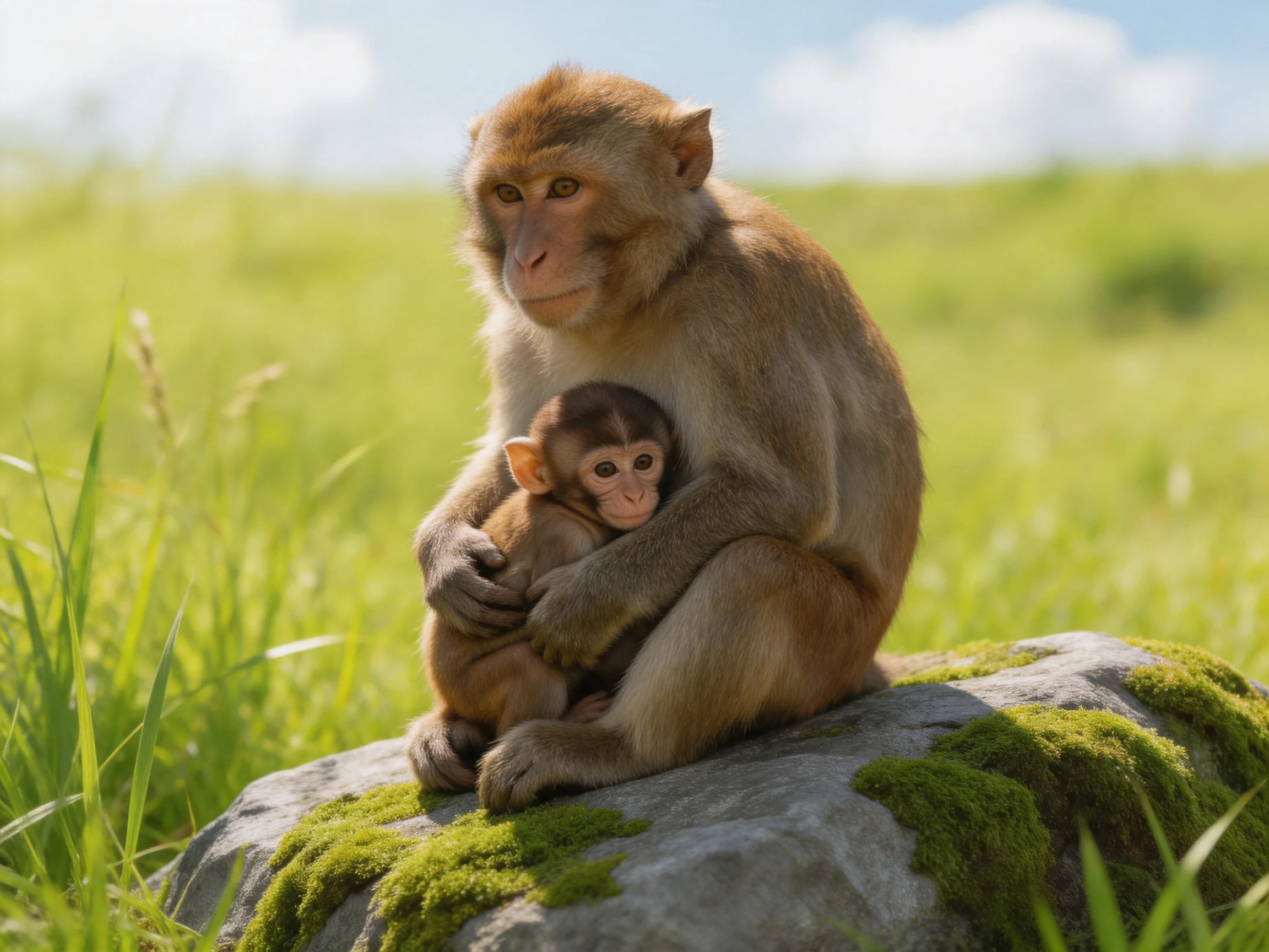 A mother monkey cradles her baby near a moss-covered stone in a lush meadow