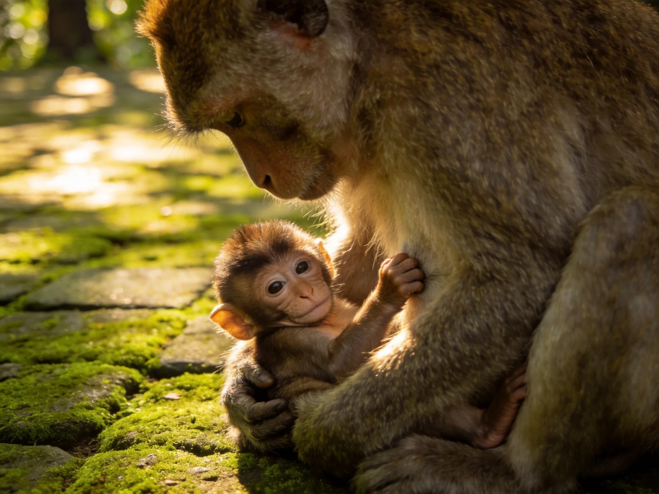 A mother monkey cradles her baby on moss-covered stone pavement under golden sunlight